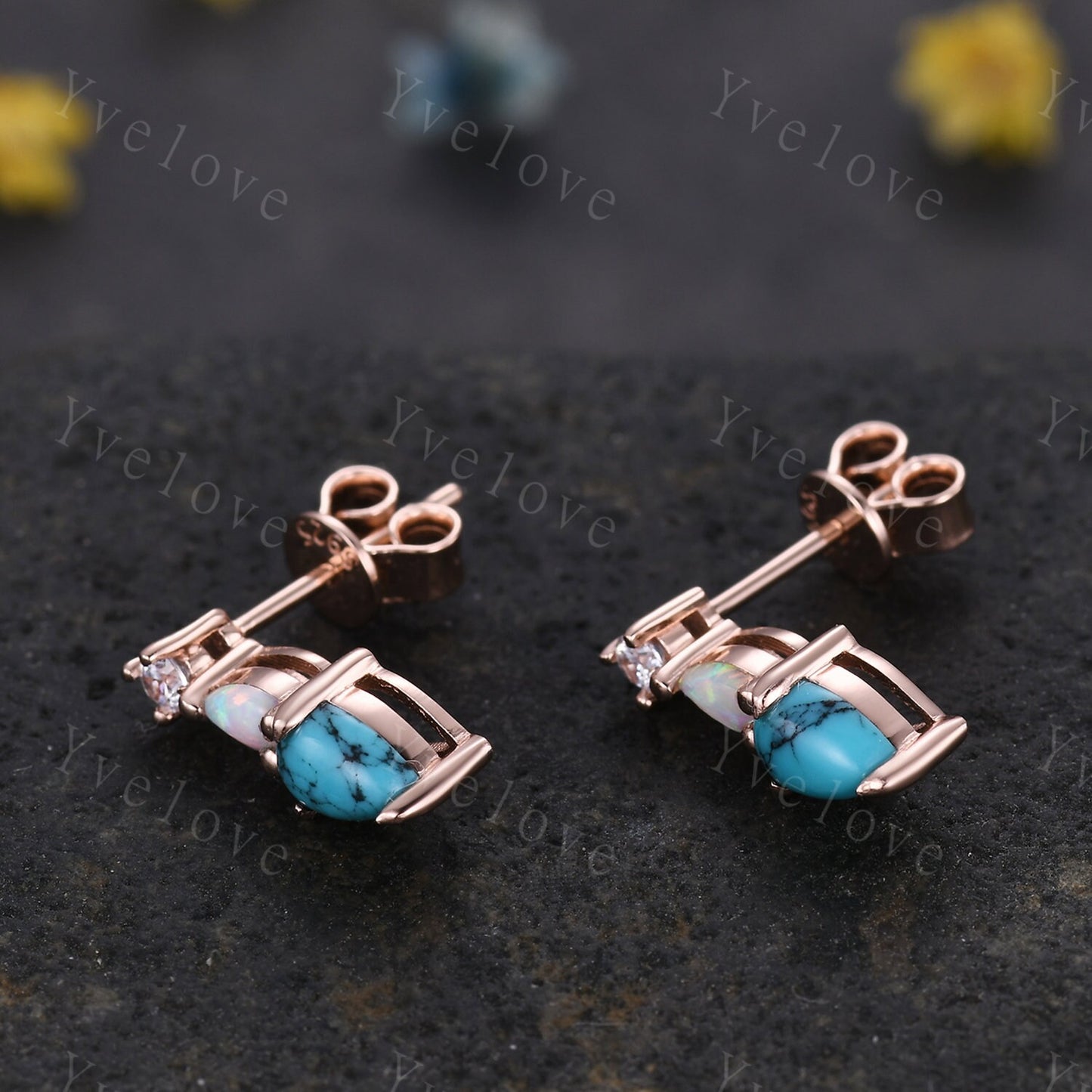 Unique Turquoise Opal Earrings,Pear Cut Gems,Art Deco Moissanite Diamond Delicate Dainty Stud Earrings,3 Stone Minimalist Women Gift for Her