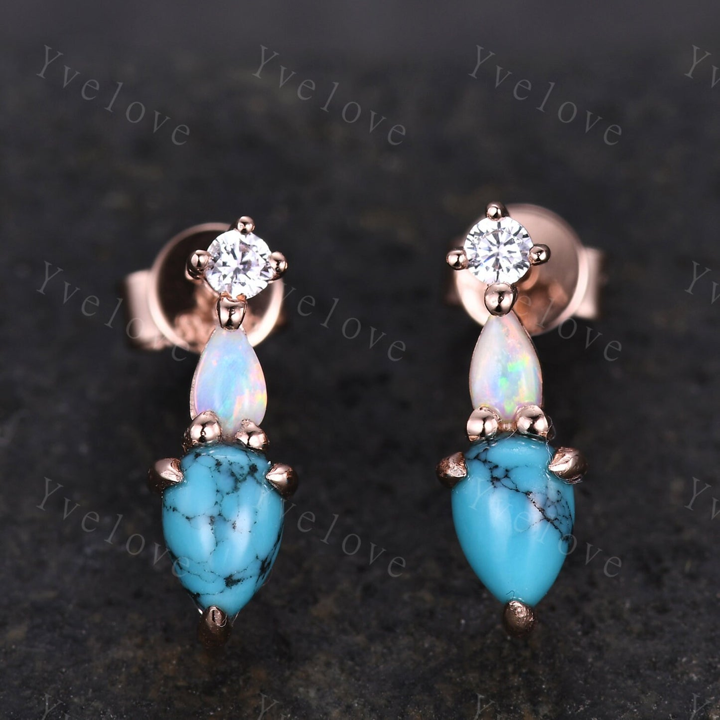 Unique Turquoise Opal Earrings,Pear Cut Gems,Art Deco Moissanite Diamond Delicate Dainty Stud Earrings,3 Stone Minimalist Women Gift for Her