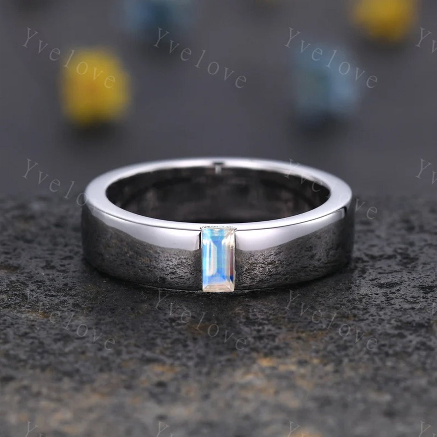 Mens Moonstone Wedding Band Baguette Cut Band 5mm Solid Gold Ring Mens Smooth Band Solitaire Stacking Matching Band Retro Vintage Ring Gift