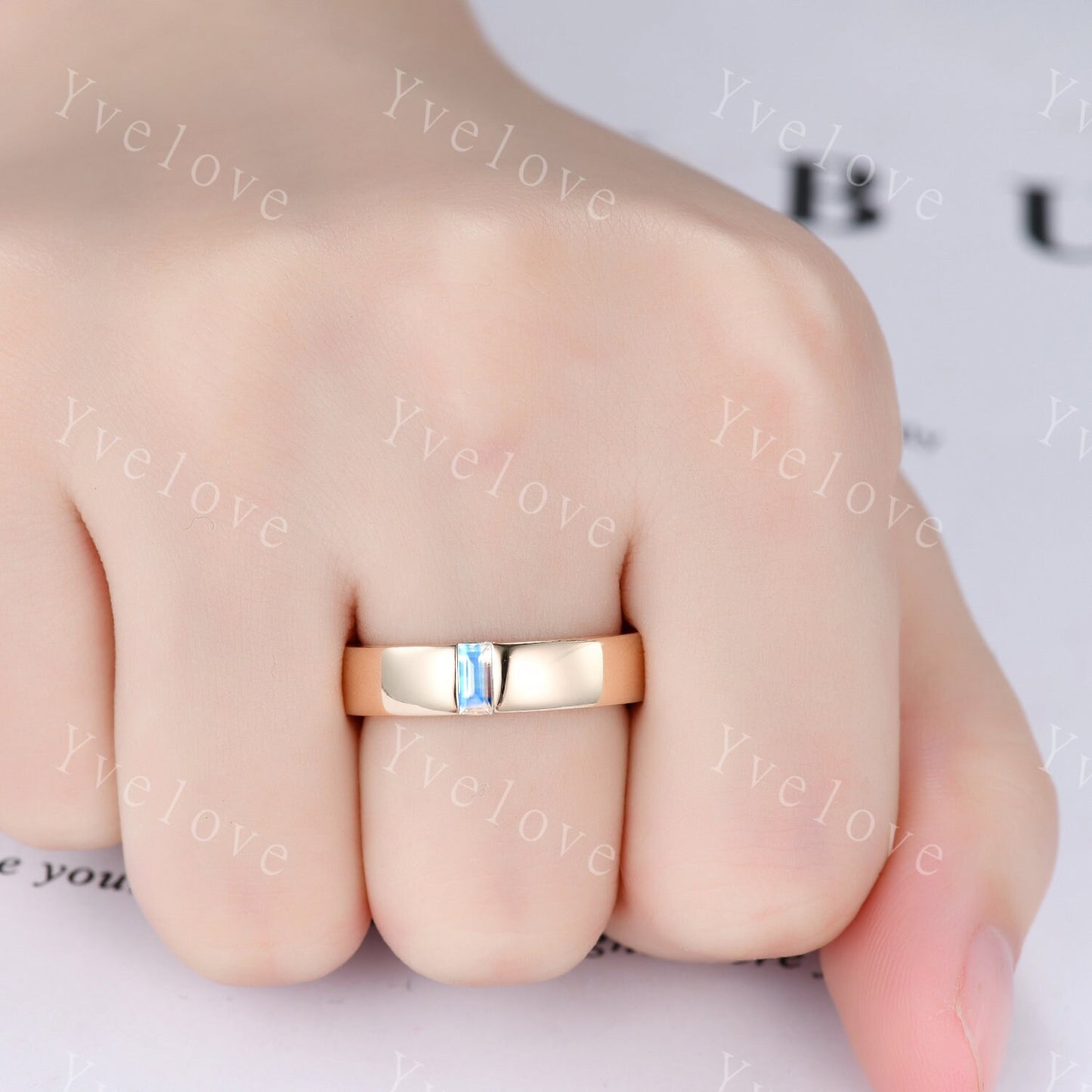 Mens Moonstone Wedding Band Baguette Cut Band 5mm Solid Gold Ring Mens Smooth Band Solitaire Stacking Matching Band Retro Vintage Ring Gift