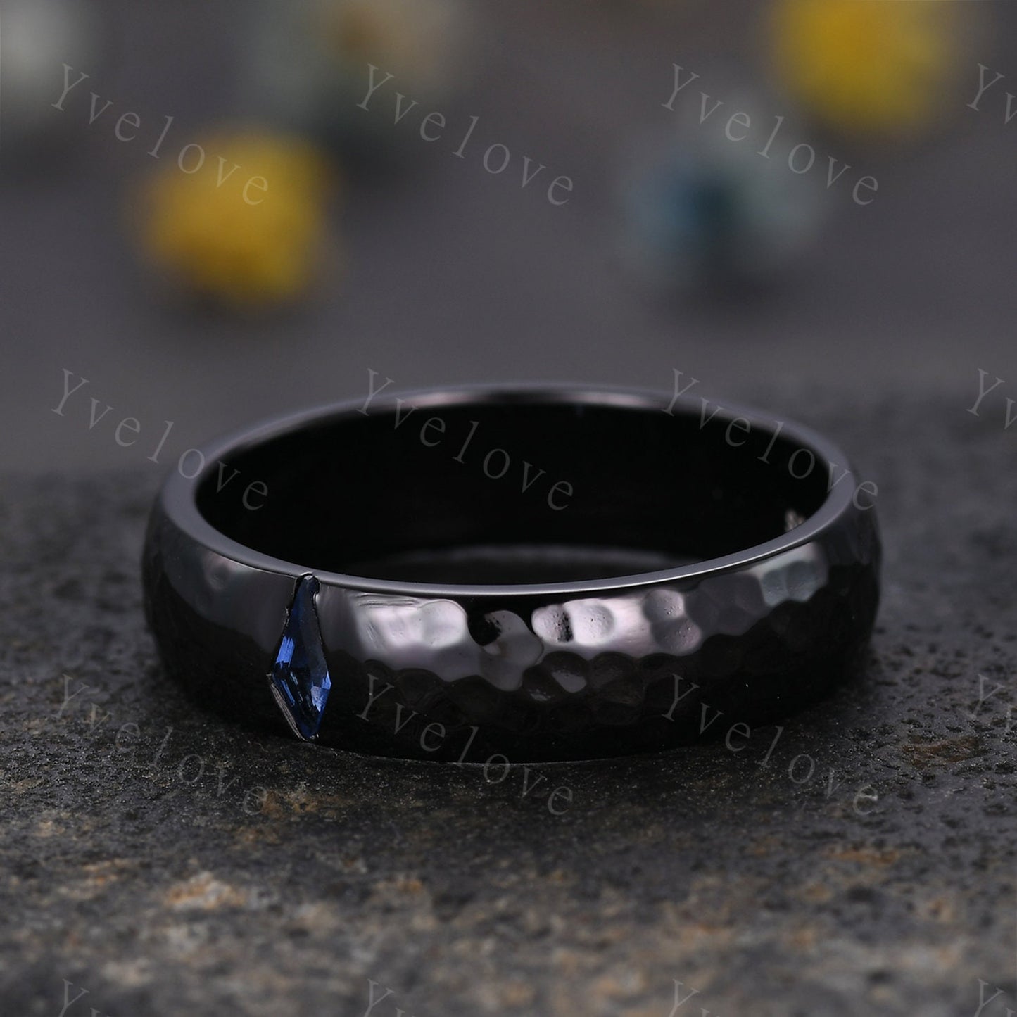 Mens Kite Blue Sapphire Wedding Band Retro Black Gold Ring Mens Hammered Stackable Matching Ring Birthstone Ring Vintage Ring Gift For Him