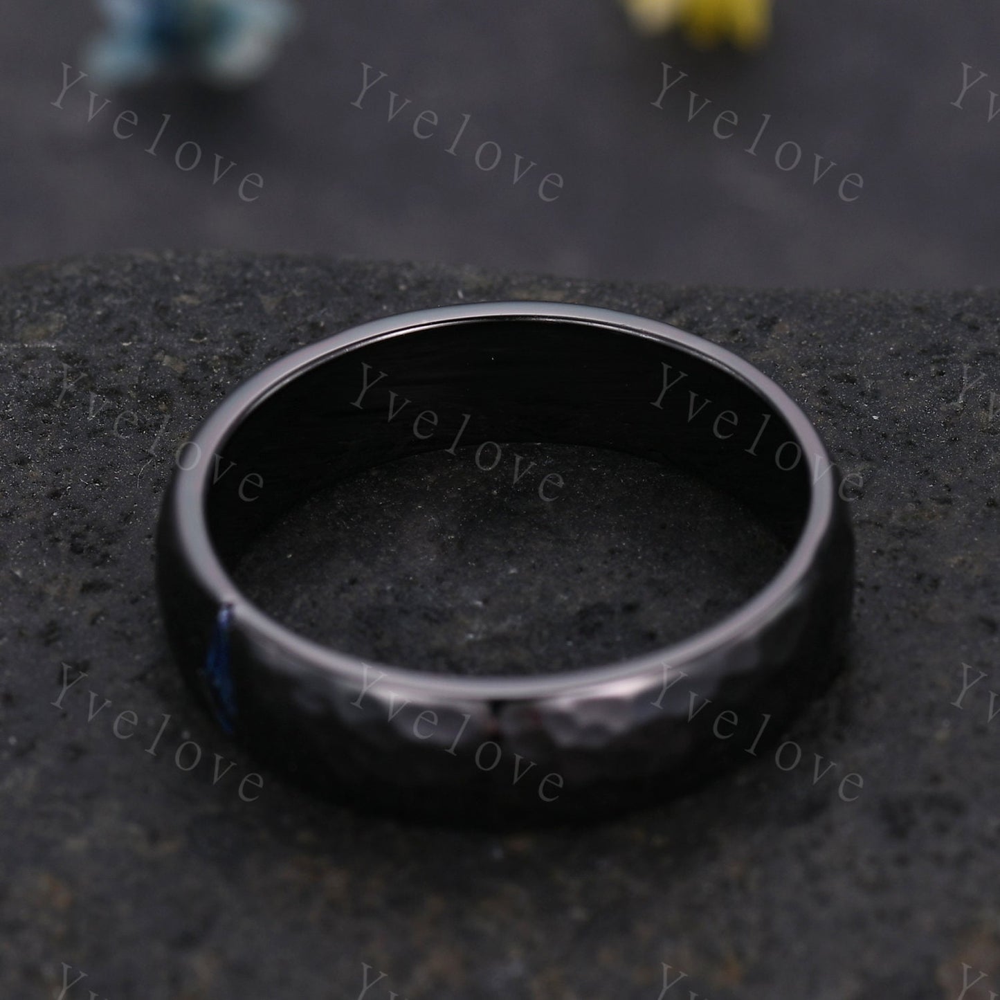 Mens Kite Blue Sapphire Wedding Band Retro Black Gold Ring Mens Hammered Stackable Matching Ring Birthstone Ring Vintage Ring Gift For Him