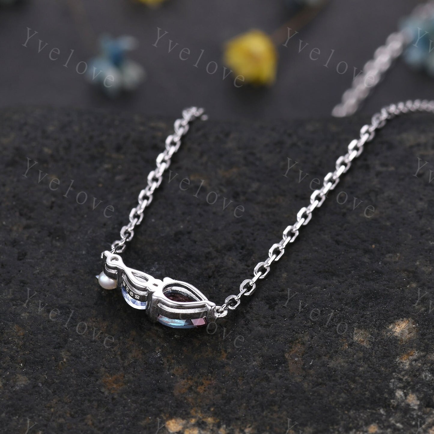 Unique Alexandrite Moonstone Necklace,Pear Cut Gems,Art Deco Pearl Delicate Dainty layer Necklace,3 Stone Unique Women Bridal Gift,Silver