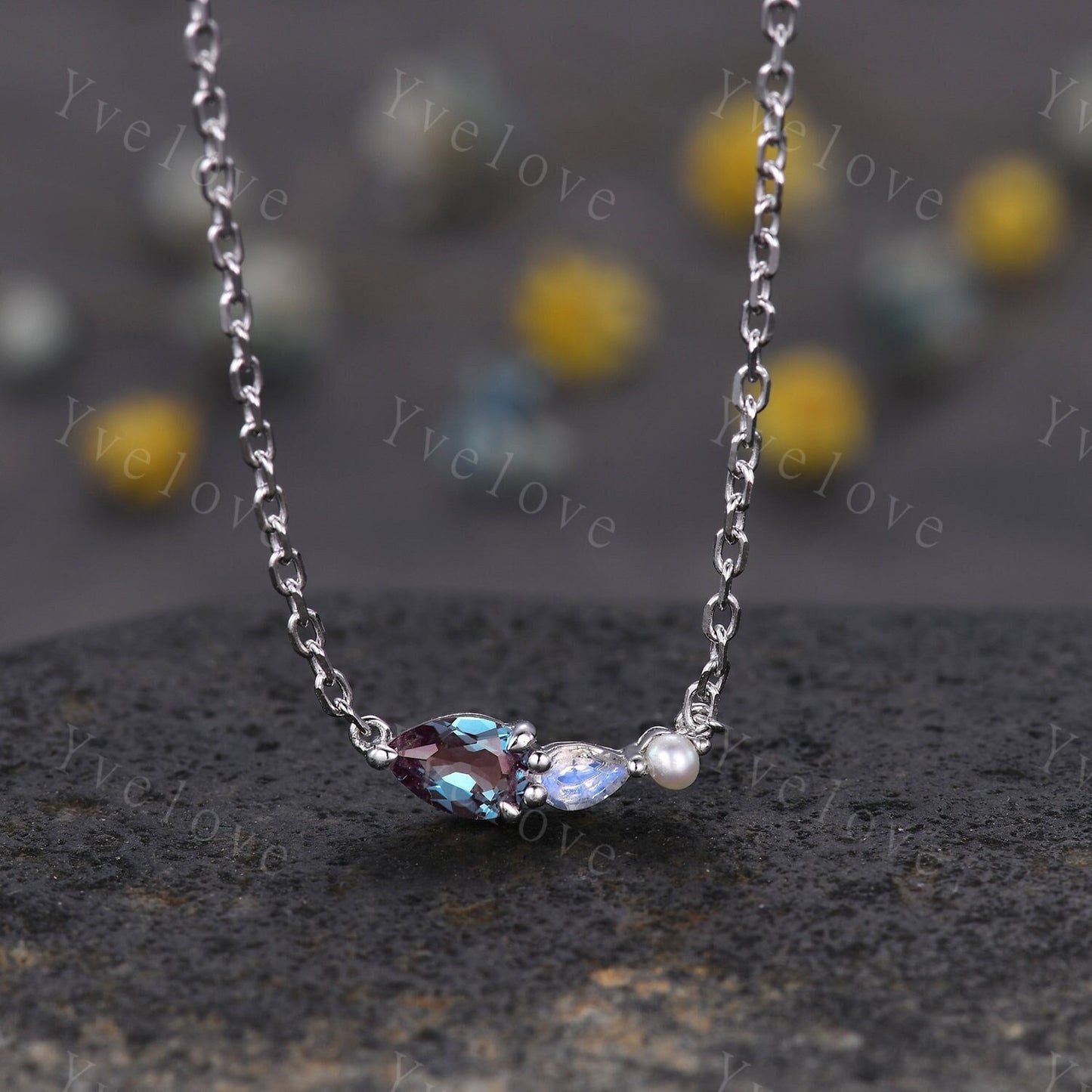 Unique Alexandrite Moonstone Necklace,Pear Cut Gems,Art Deco Pearl Delicate Dainty layer Necklace,3 Stone Unique Women Bridal Gift,Silver