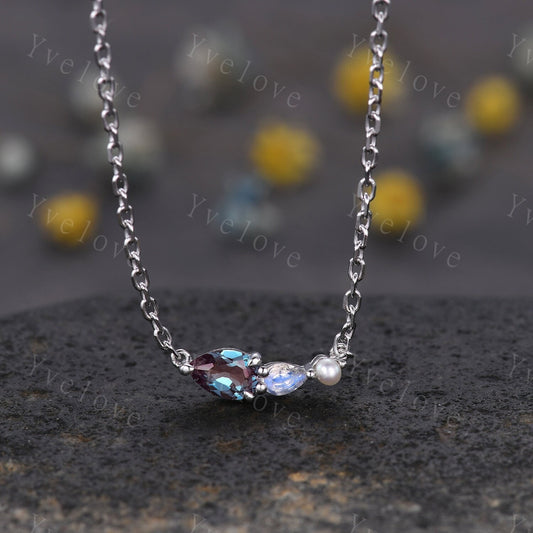 Unique Alexandrite Moonstone Necklace,Pear Cut Gems,Art Deco Pearl Delicate Dainty layer Necklace,3 Stone Unique Women Bridal Gift,Silver