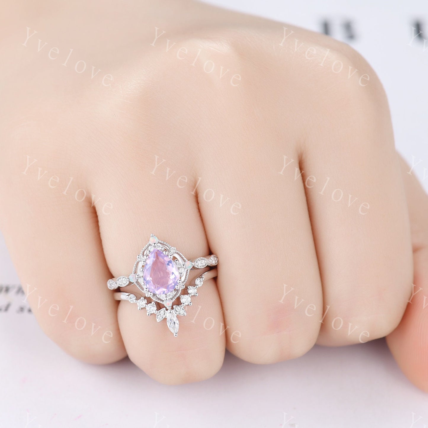 Vintage Lavender Amethyst Engagement Ring Set,6x8mm Pear Amethyst Bridal Set,V Curved Moissanite Stacking Band,Women Rings Gift,Platinum