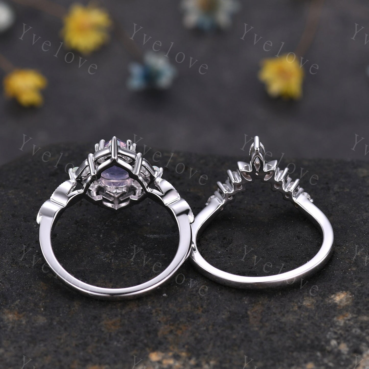 Vintage Lavender Amethyst Engagement Ring Set,6x8mm Pear Amethyst Bridal Set,V Curved Moissanite Stacking Band,Women Rings Gift,Platinum