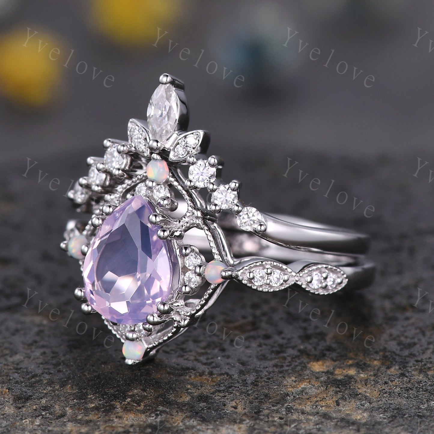 Vintage Lavender Amethyst Engagement Ring Set,6x8mm Pear Amethyst Bridal Set,V Curved Moissanite Stacking Band,Women Rings Gift,Platinum