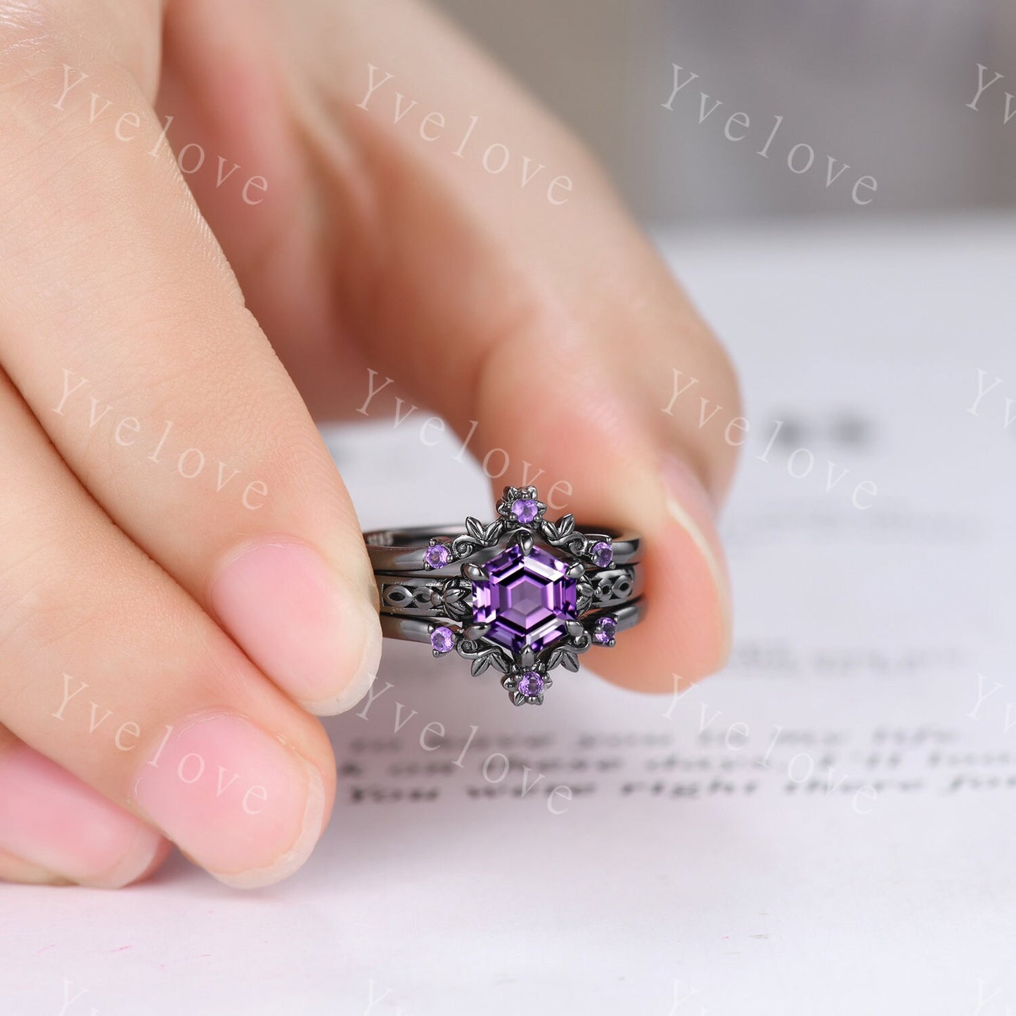 Hexagon Shaped Amethyst Engagement Ring Set 14k Black Gold Vintage Amethyst Wedding Ring Enhancer Band Art Deco Bridal  Ring Set For Women