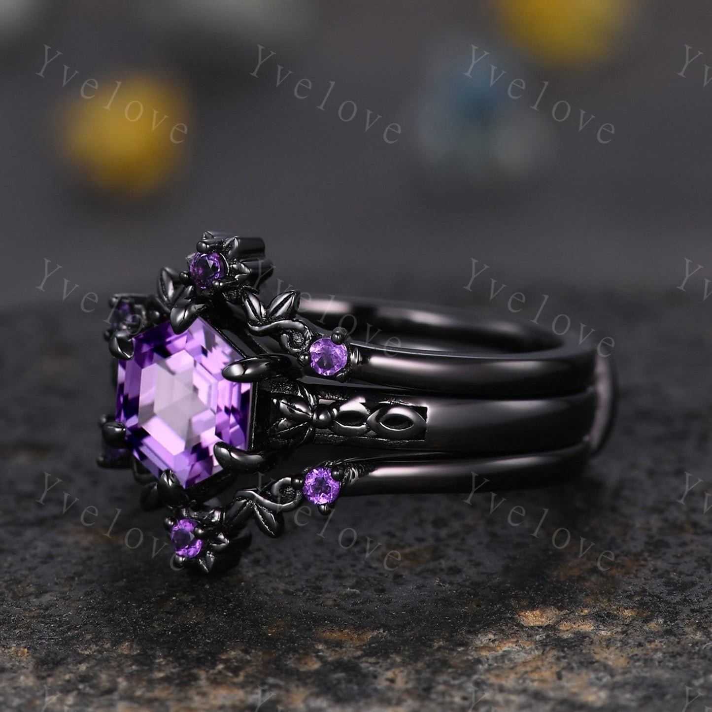Hexagon Shaped Amethyst Engagement Ring Set 14k Black Gold Vintage Amethyst Wedding Ring Enhancer Band Art Deco Bridal  Ring Set For Women