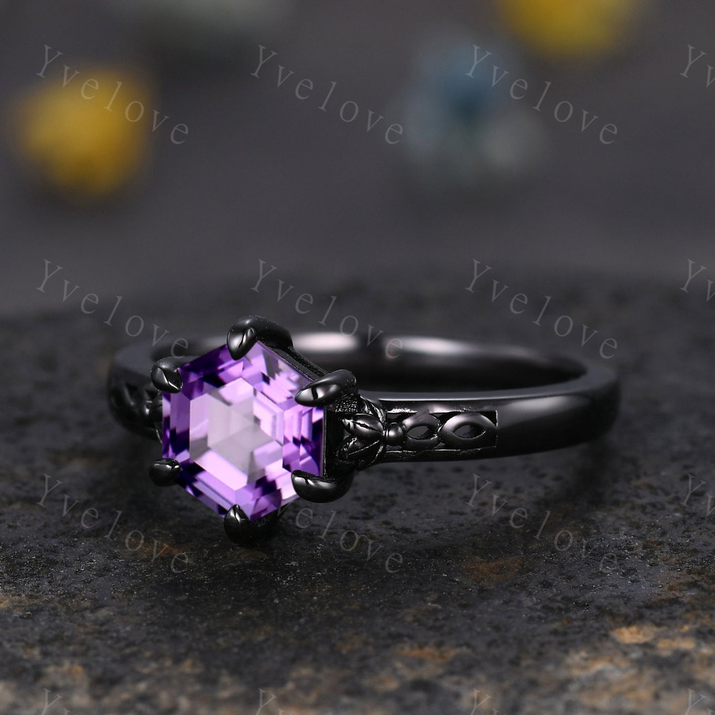 Hexagon Shaped Amethyst Engagement Ring Set 14k Black Gold Vintage Amethyst Wedding Ring Enhancer Band Art Deco Bridal  Ring Set For Women