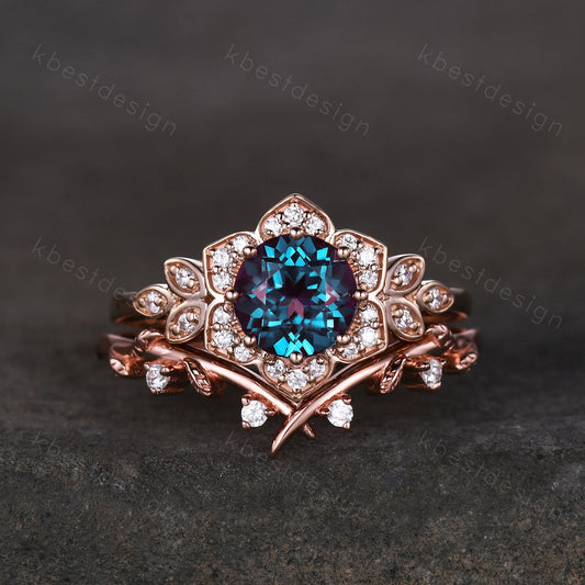 Vintage round Alexandrite engagement ring set antique moissanite halo ring rose gold twig wedding ring June Birthstone ring Promise ring set