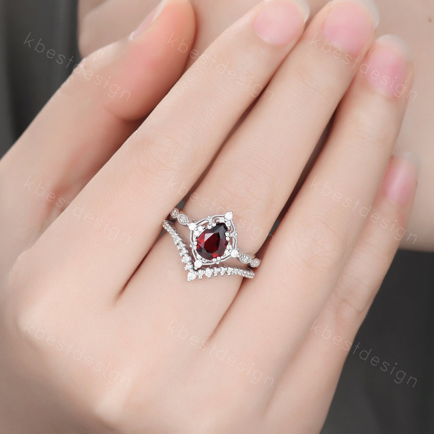 Vintage garnet engagement ring silver ring art deco curved stacking band pear cut bridal set unique moissanite wedding set anniversary gift