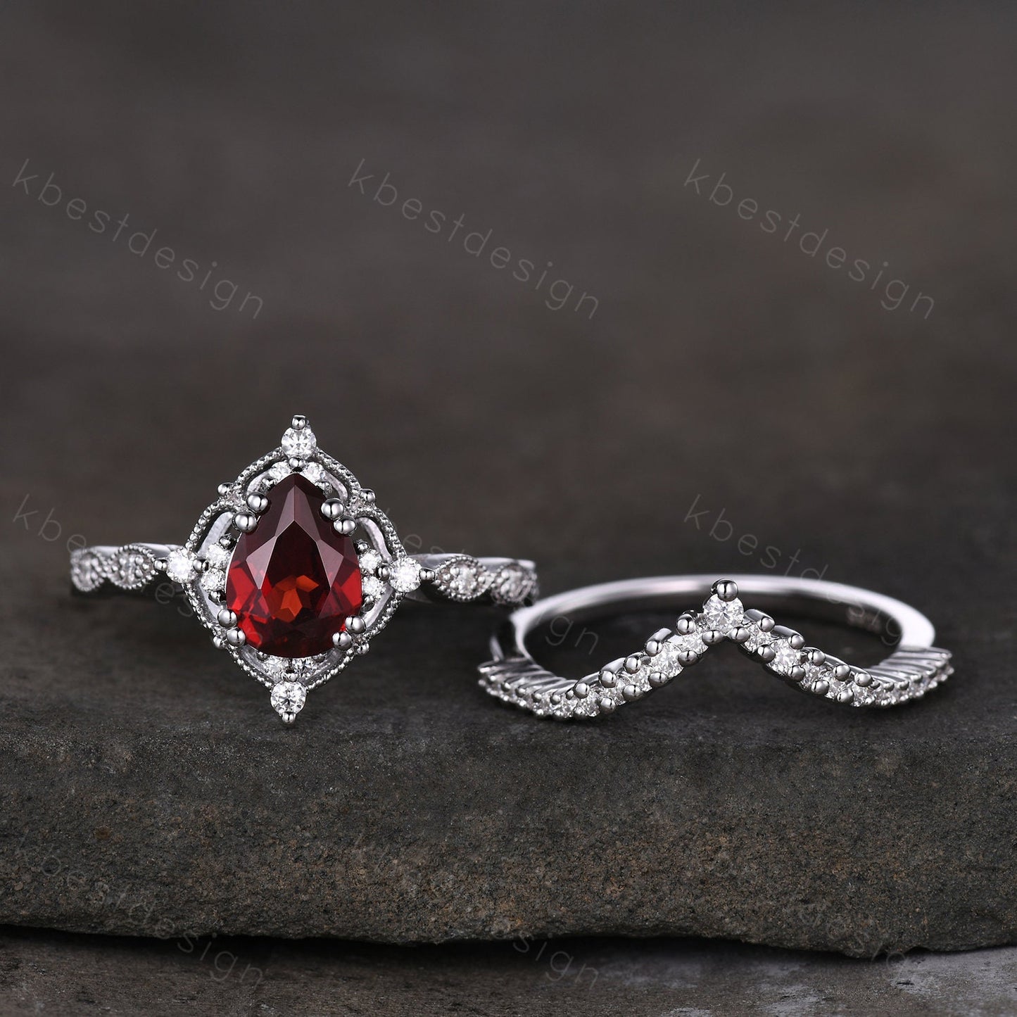 Vintage garnet engagement ring silver ring art deco curved stacking band pear cut bridal set unique moissanite wedding set anniversary gift
