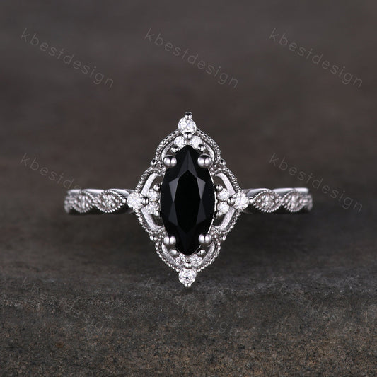 Vintage black onyx engagement ring 14k white gold ring unique marquise cut black onyx ring antique moissanite ring for women platinum ring