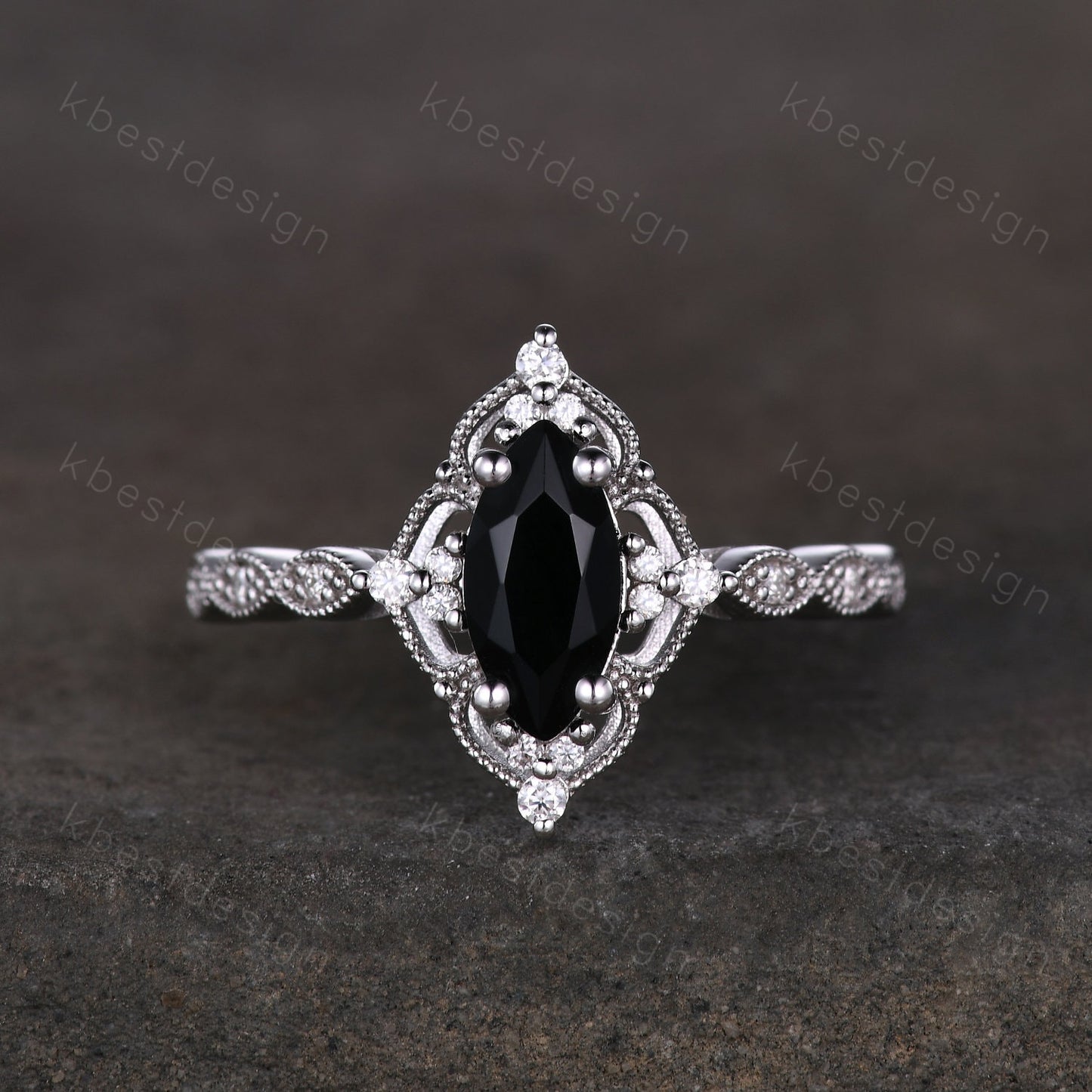 Vintage black onyx engagement ring silver gold ring art deco curved stacking band marquise cut bridal set unique moissanite wedding set
