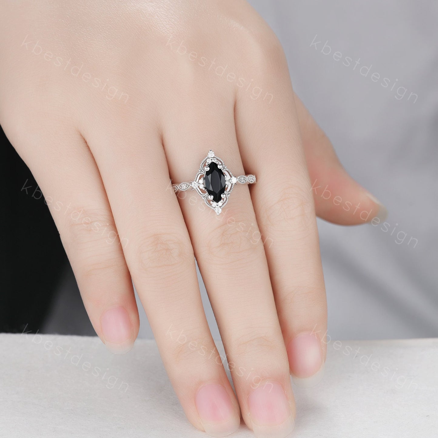 Vintage black onyx engagement ring silver gold ring art deco curved stacking band marquise cut bridal set unique moissanite wedding set