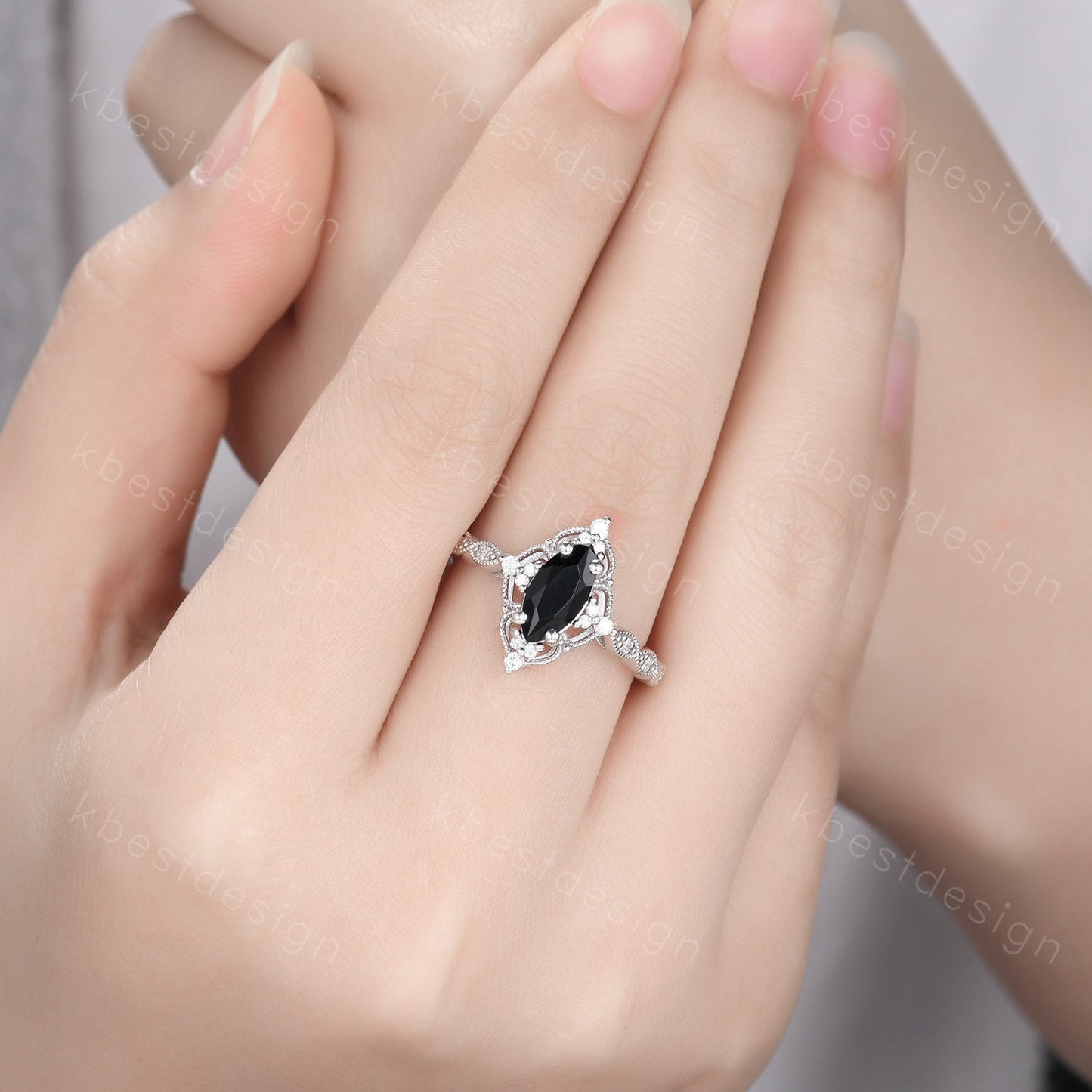Vintage black onyx engagement ring silver gold ring art deco curved stacking band marquise cut bridal set unique moissanite wedding set