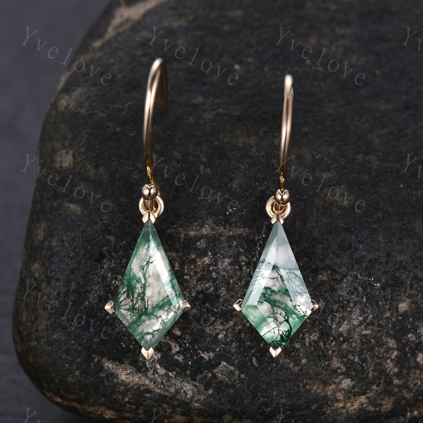 Vintage Kite cut Moss agate earrings natural gemstone jewelry unique earrings women art deco earring anniversary gift for her Birthday Gift
