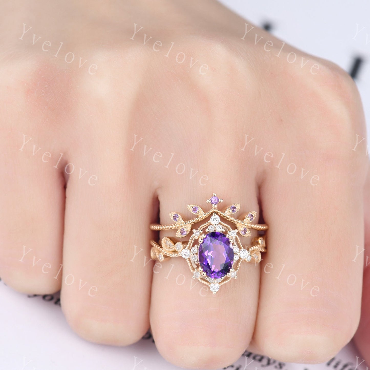 Oval Amethyst engagement ring set solid gold ring diamond amethyst stacking matching band floral vintage art deco ring February gift for her