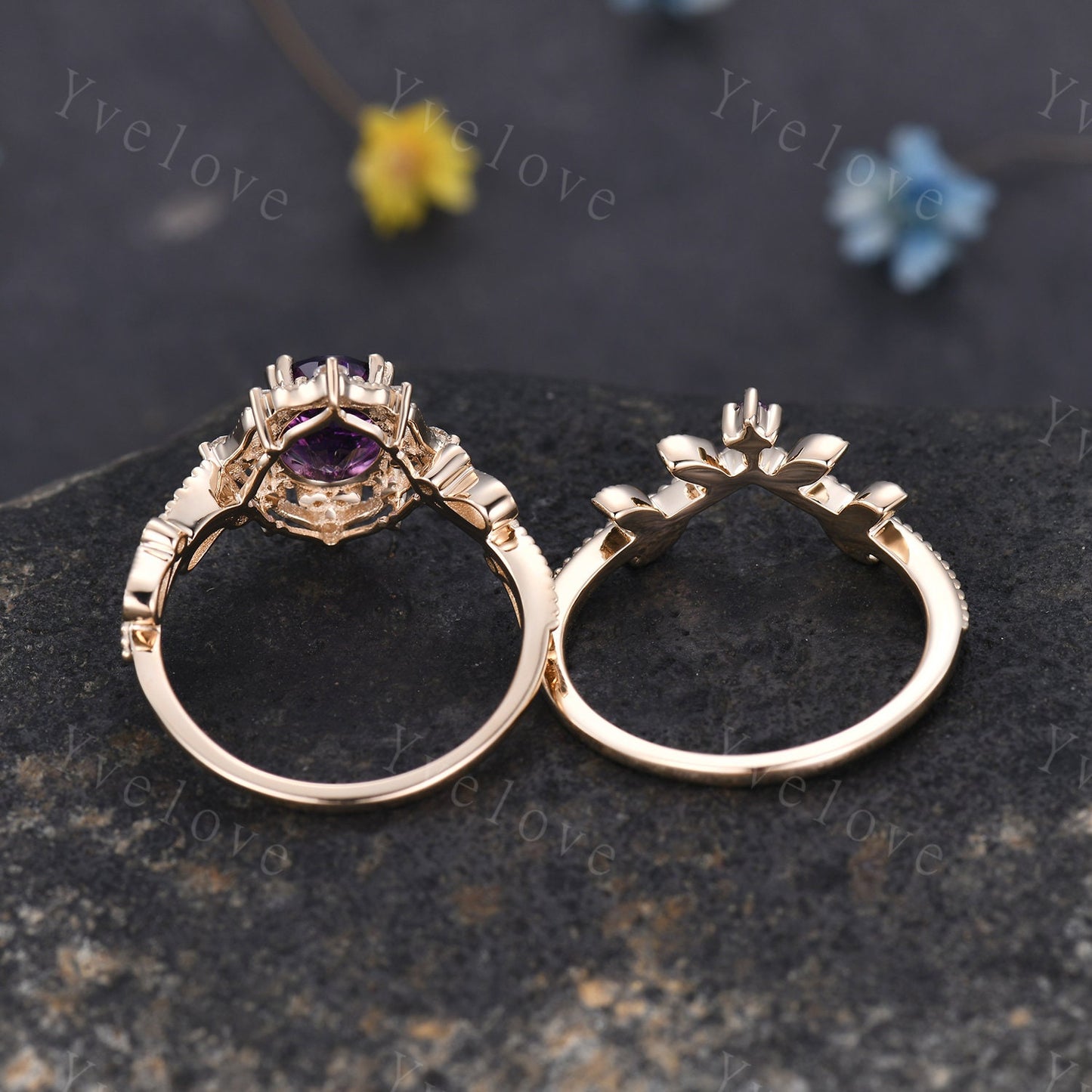 Oval Amethyst engagement ring set solid gold ring diamond amethyst stacking matching band floral vintage art deco ring February gift for her