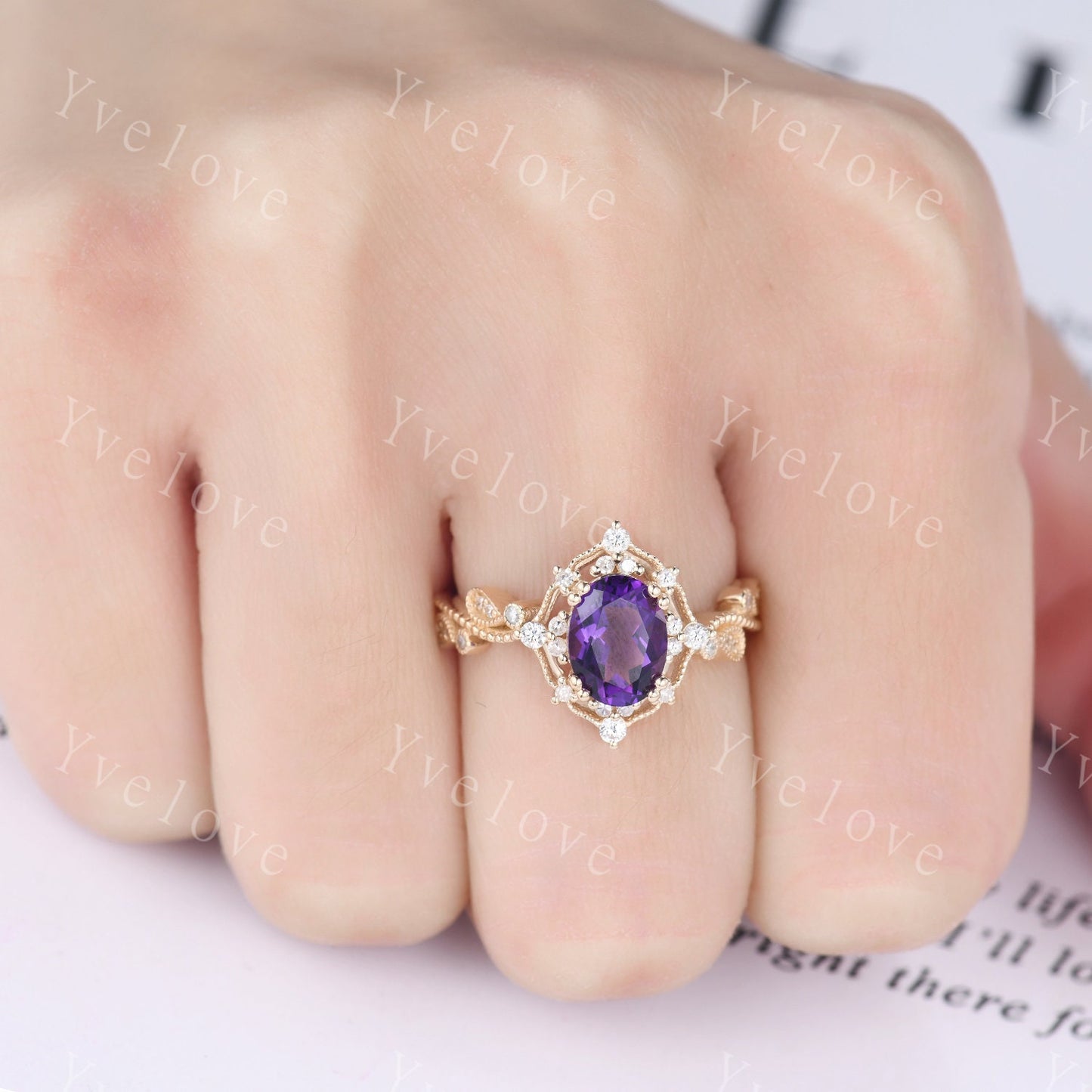 Oval Amethyst engagement ring set solid gold ring diamond amethyst stacking matching band floral vintage art deco ring February gift for her