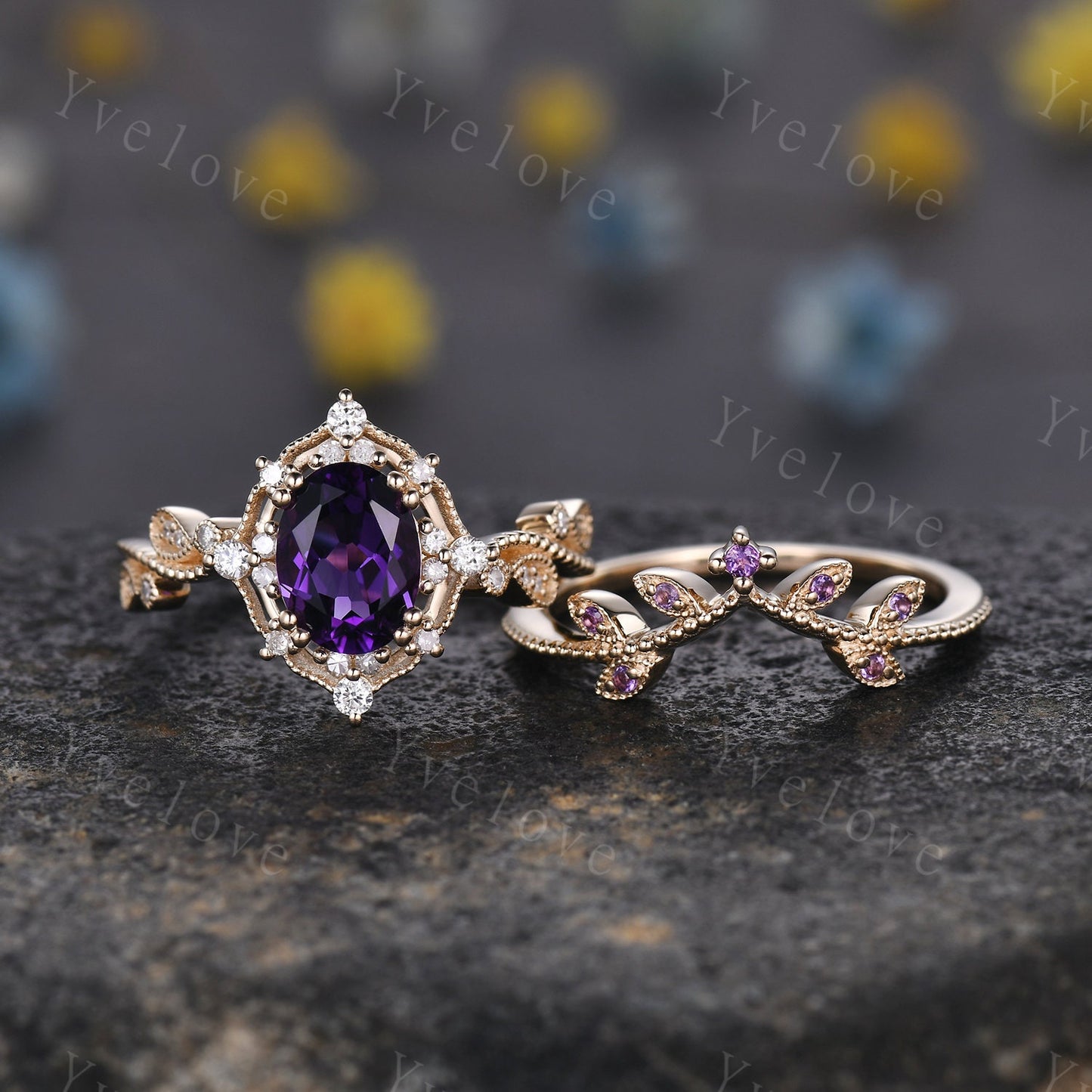Oval Amethyst engagement ring set solid gold ring diamond amethyst stacking matching band floral vintage art deco ring February gift for her
