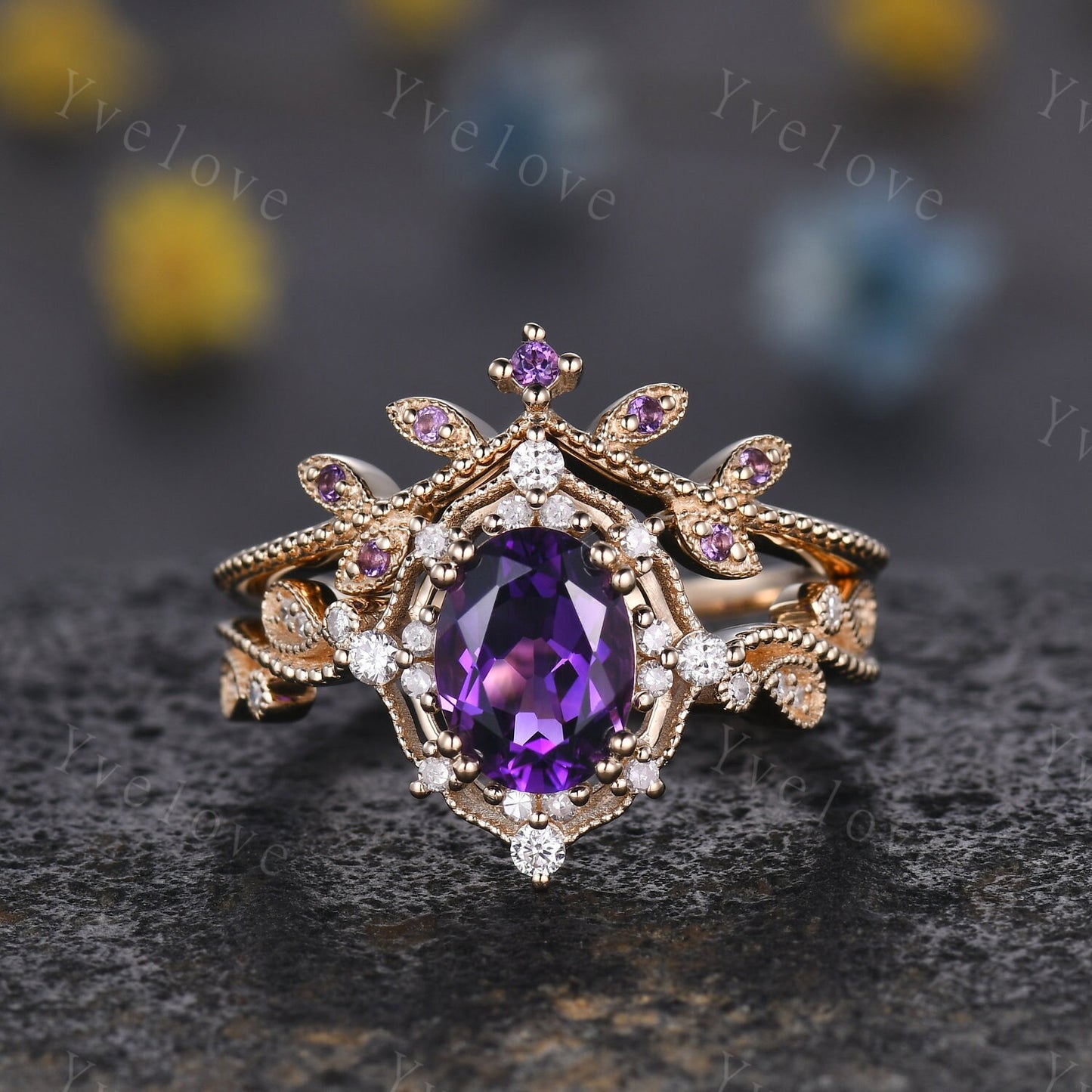 Oval Amethyst engagement ring set solid gold ring diamond amethyst stacking matching band floral vintage art deco ring February gift for her