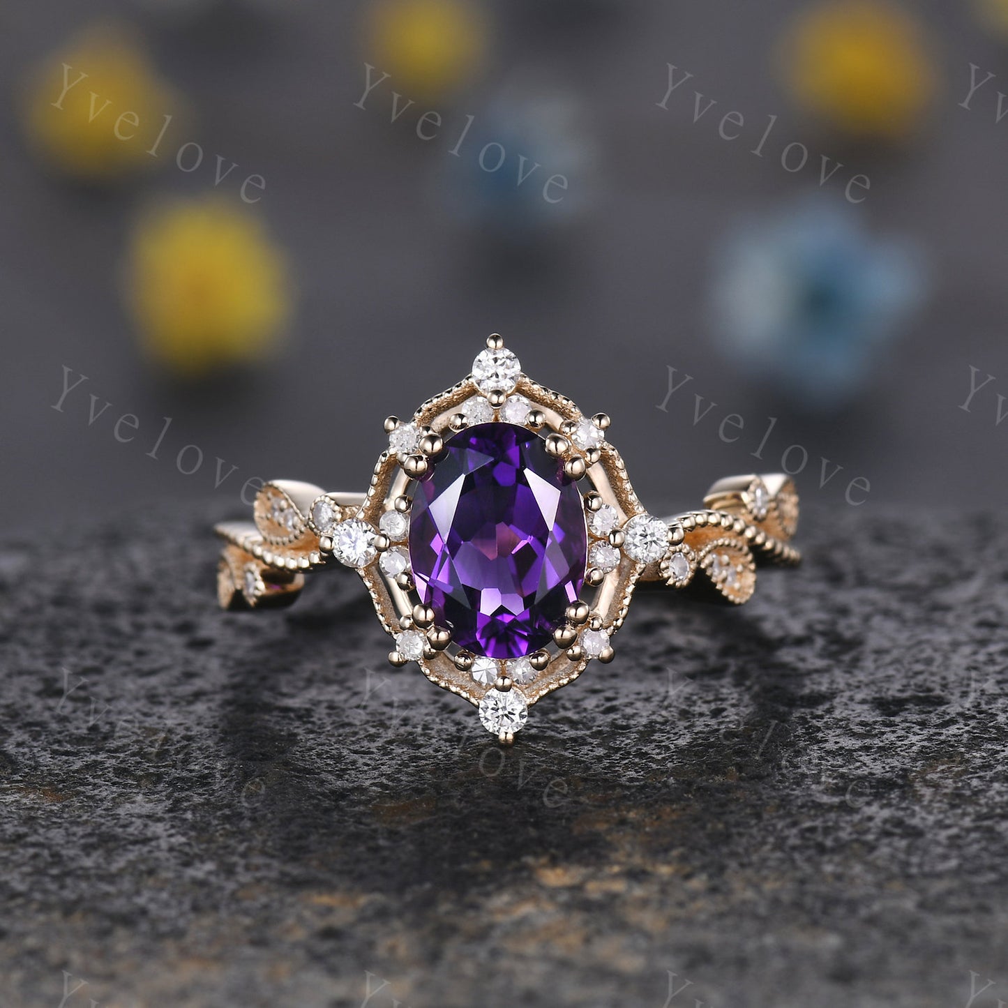 Oval Amethyst engagement ring set solid gold ring diamond amethyst stacking matching band floral vintage art deco ring February gift for her