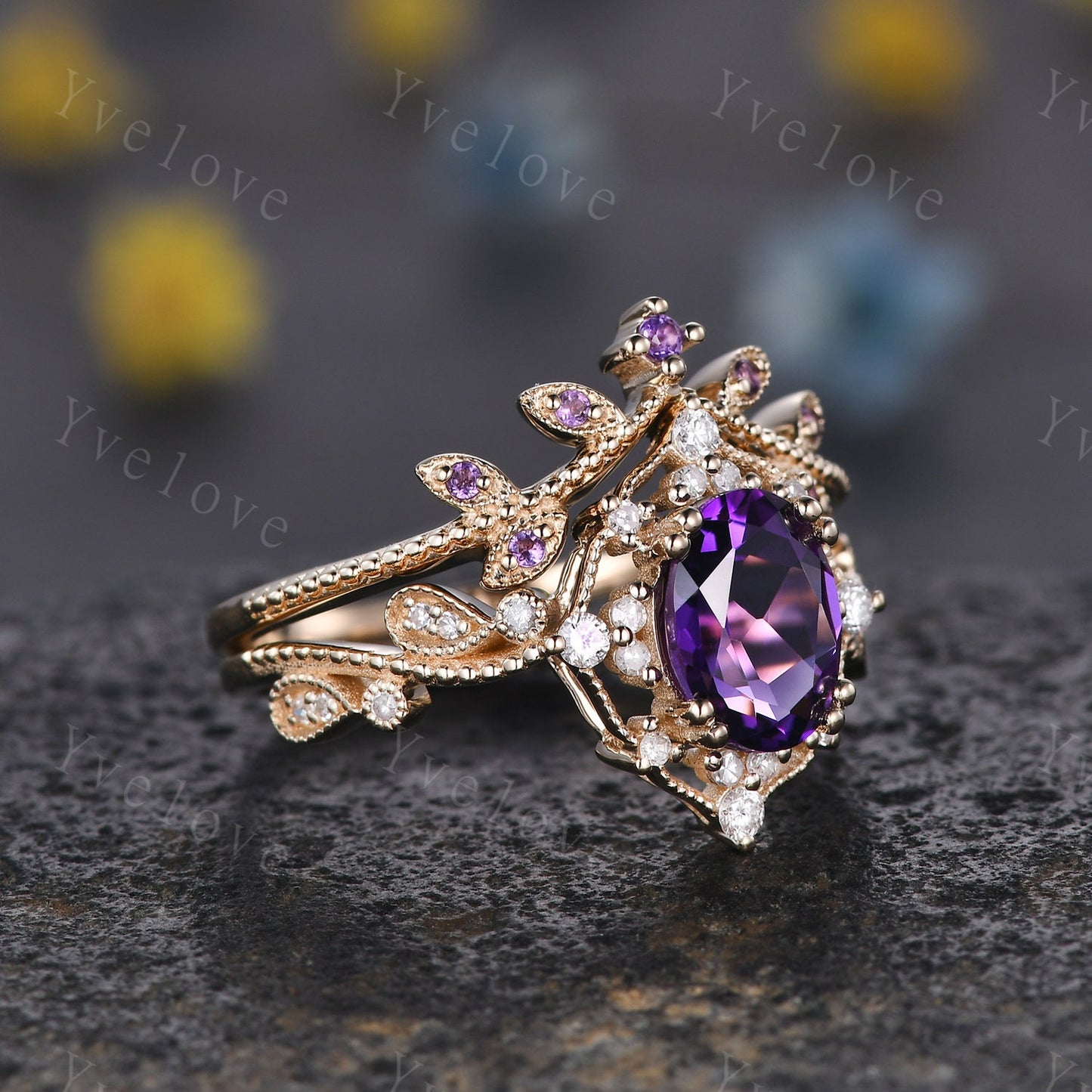 Oval Amethyst engagement ring set solid gold ring diamond amethyst stacking matching band floral vintage art deco ring February gift for her