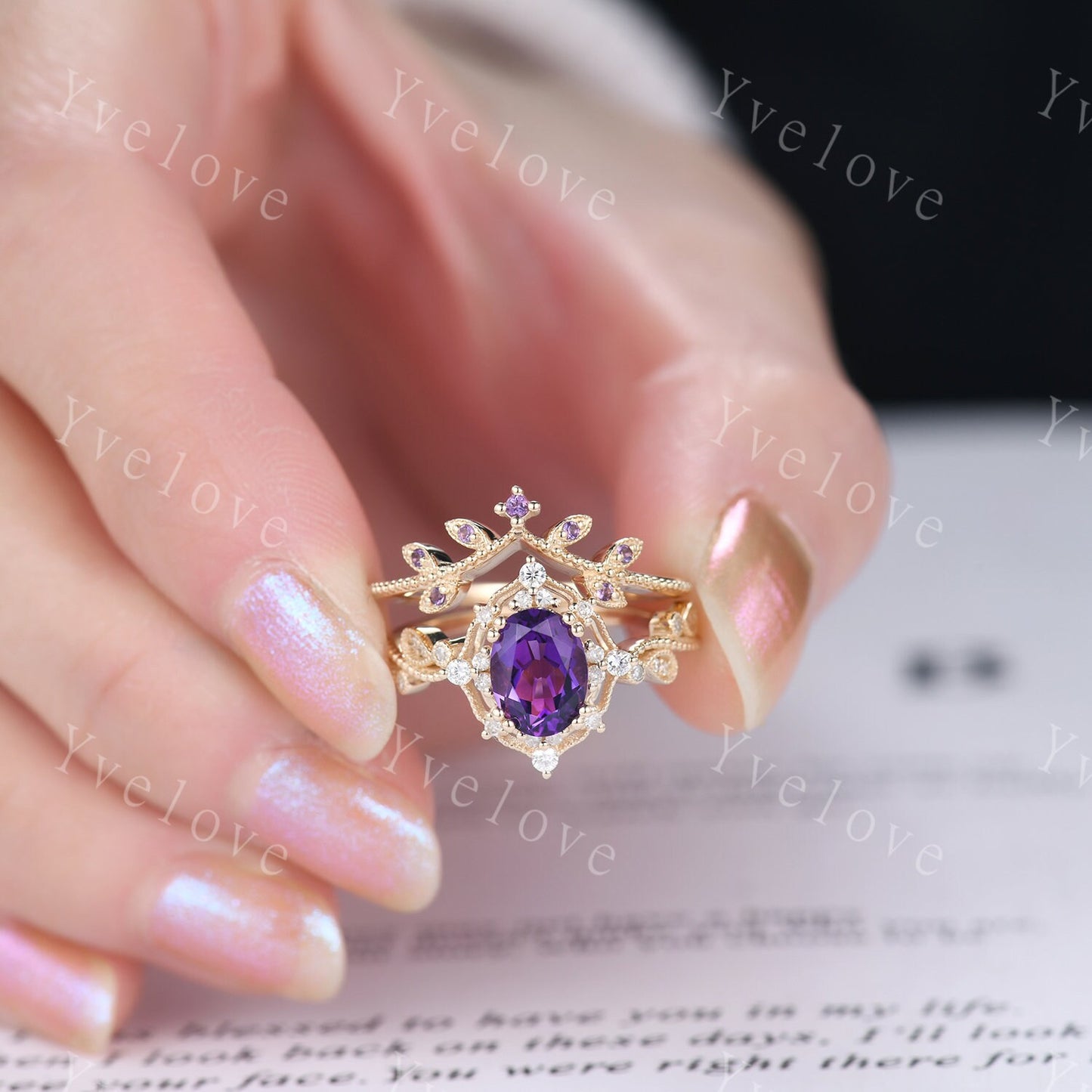 Oval Amethyst engagement ring set solid gold ring diamond amethyst stacking matching band floral vintage art deco ring February gift for her