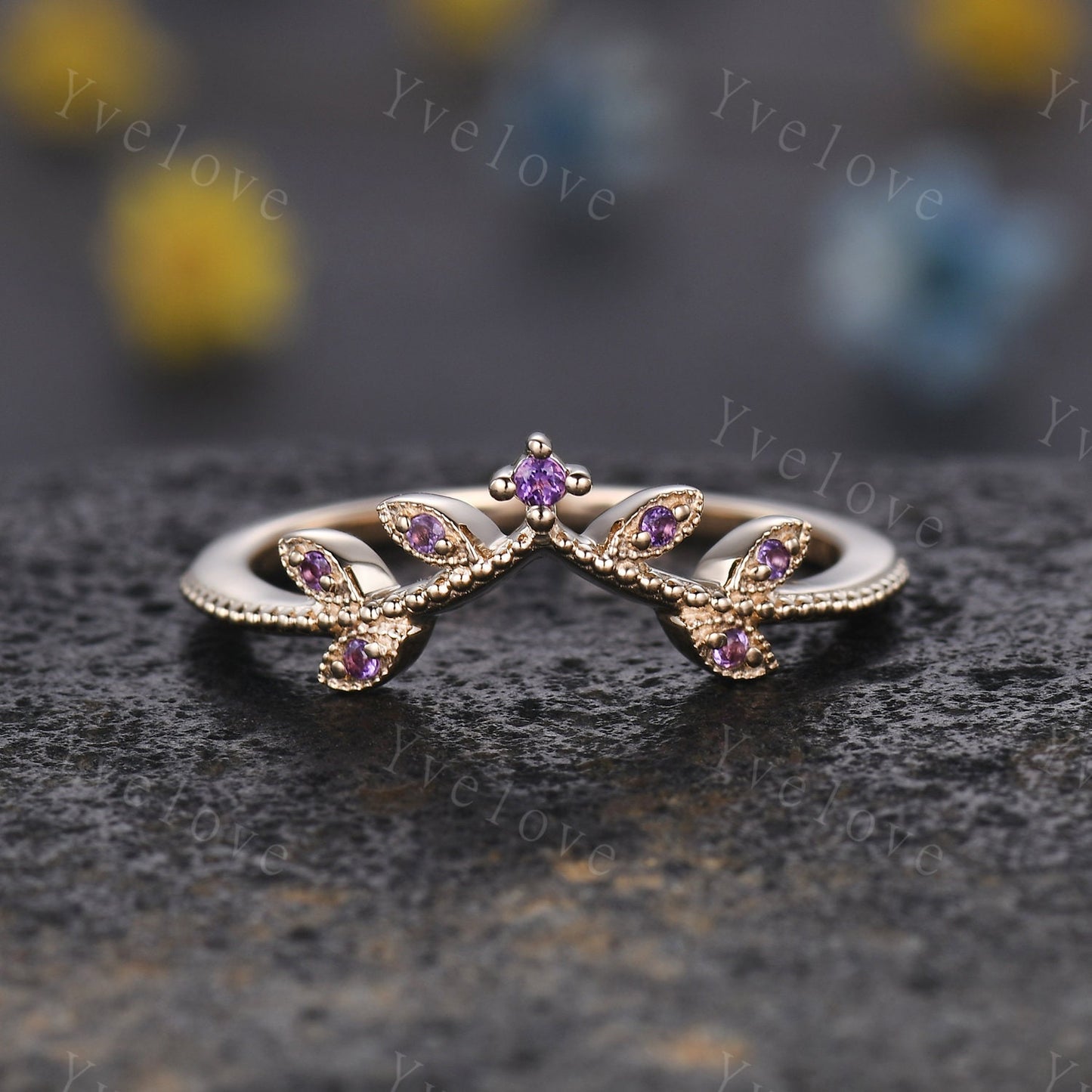 Amethyst Leaf Engagement Ring,Amethyst Matching Band,Women Stacking Band,Art Deco V Curved Milgrain Wedding Band,14K Solid Gold Gift For Her