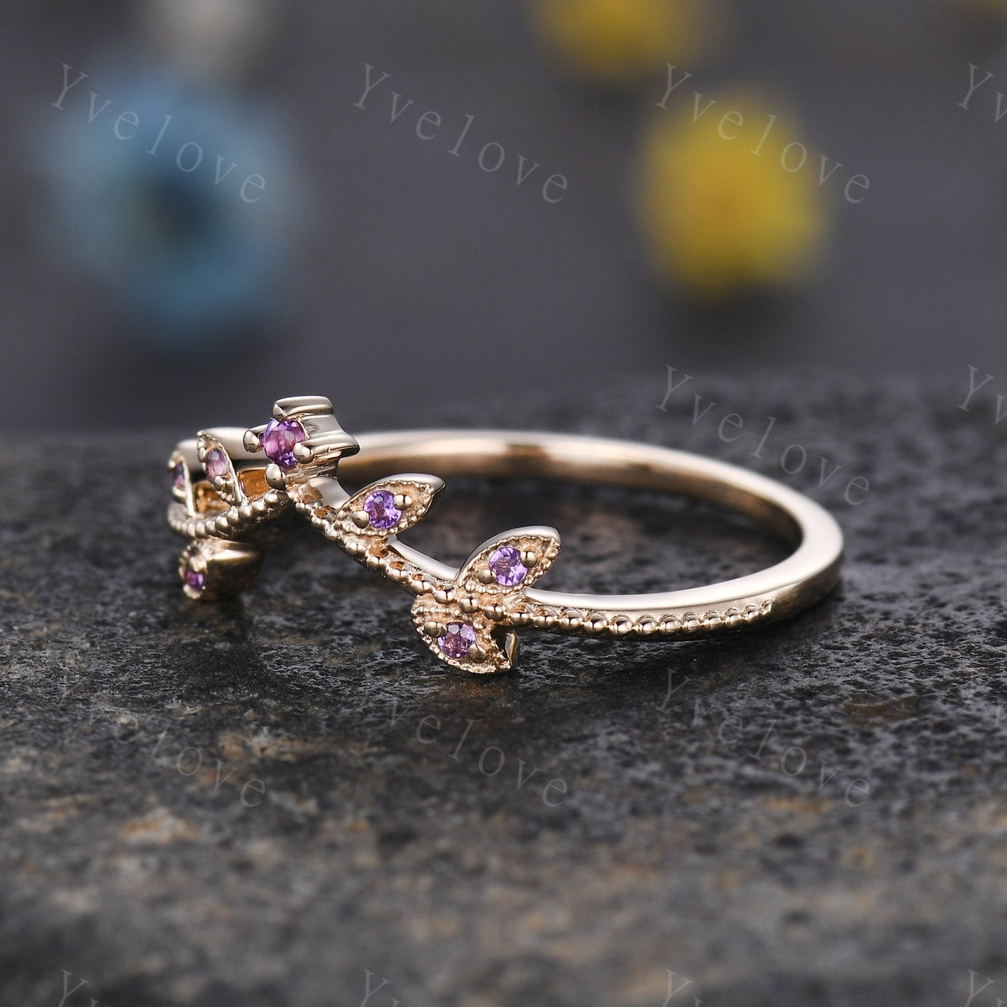 Amethyst Leaf Engagement Ring,Amethyst Matching Band,Women Stacking Band,Art Deco V Curved Milgrain Wedding Band,14K Solid Gold Gift For Her
