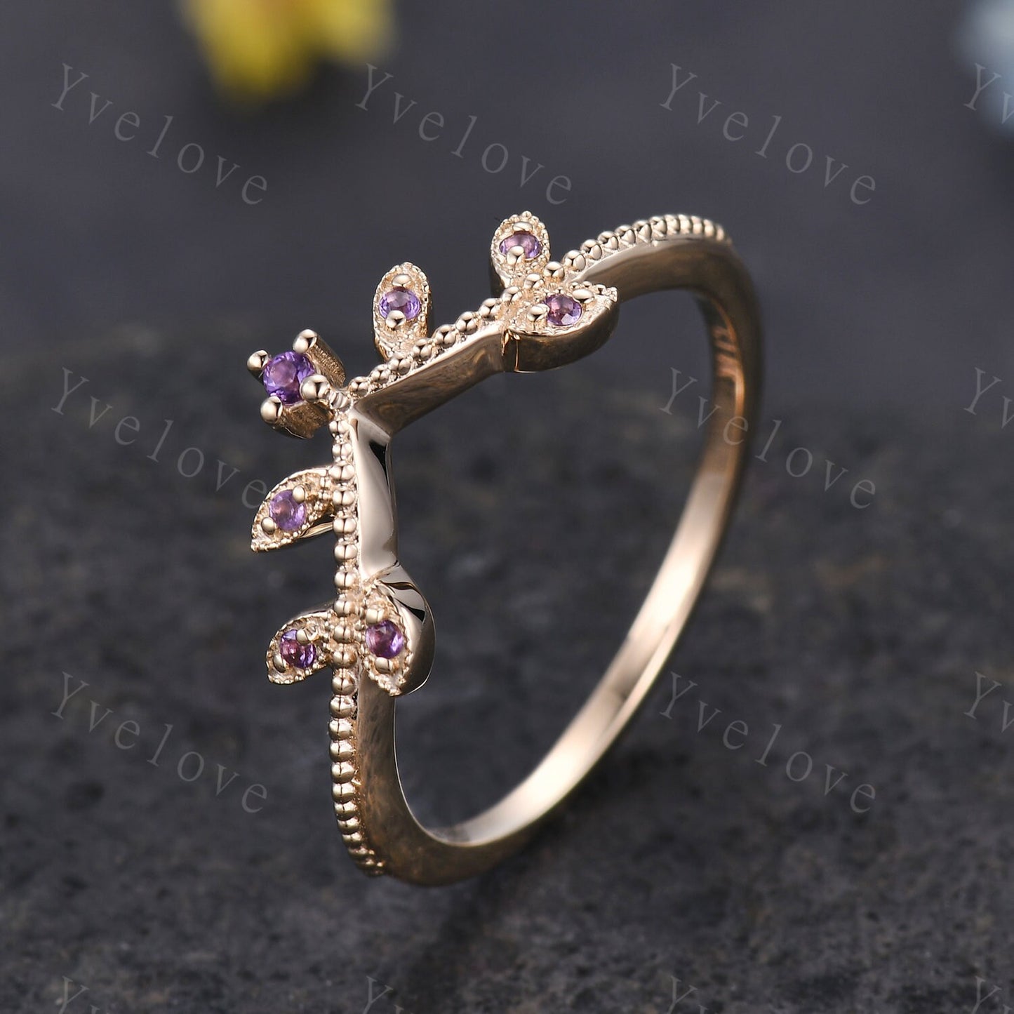 Amethyst Leaf Engagement Ring,Amethyst Matching Band,Women Stacking Band,Art Deco V Curved Milgrain Wedding Band,14K Solid Gold Gift For Her