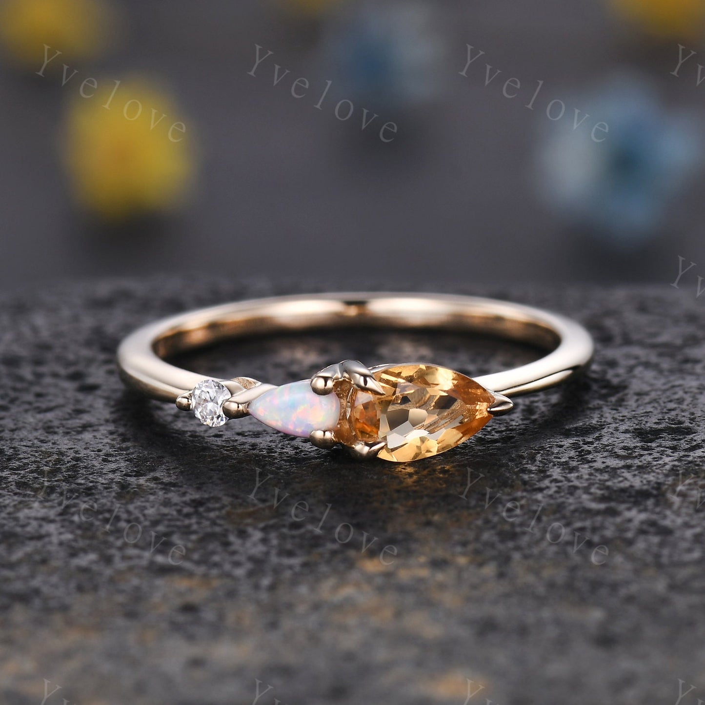 Vintage Yellow Citrine Opal Engagement Ring,Pear Cut Gems,Art Deco Moissanite Wedding Band,3 Stone Unique Women Bridal Promise Ring,Gold