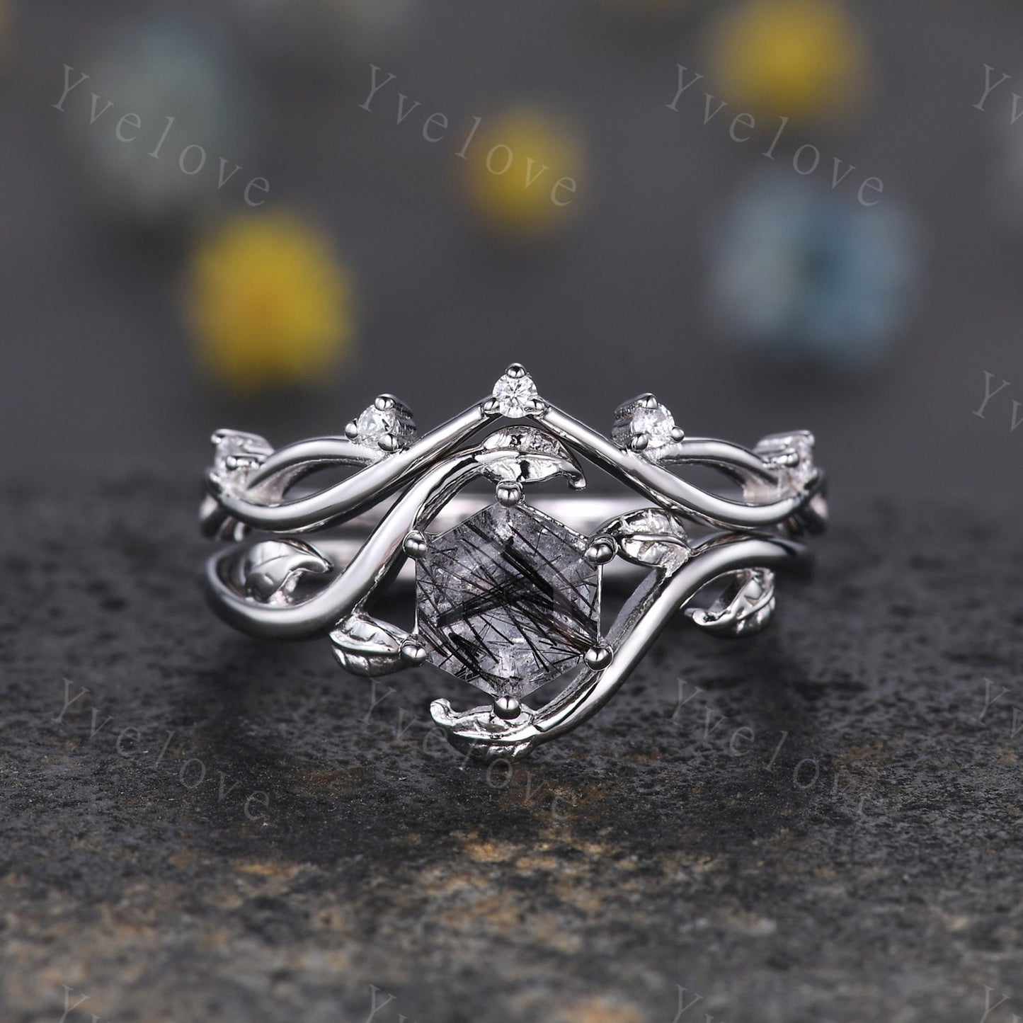 Retro hexagon Black Rutilate Quartz Ring,Vintage Silver Ring Set,Unique Rutilated Quartz  Engagement Ring,Promise Ring,Bridal Ring Set Gift