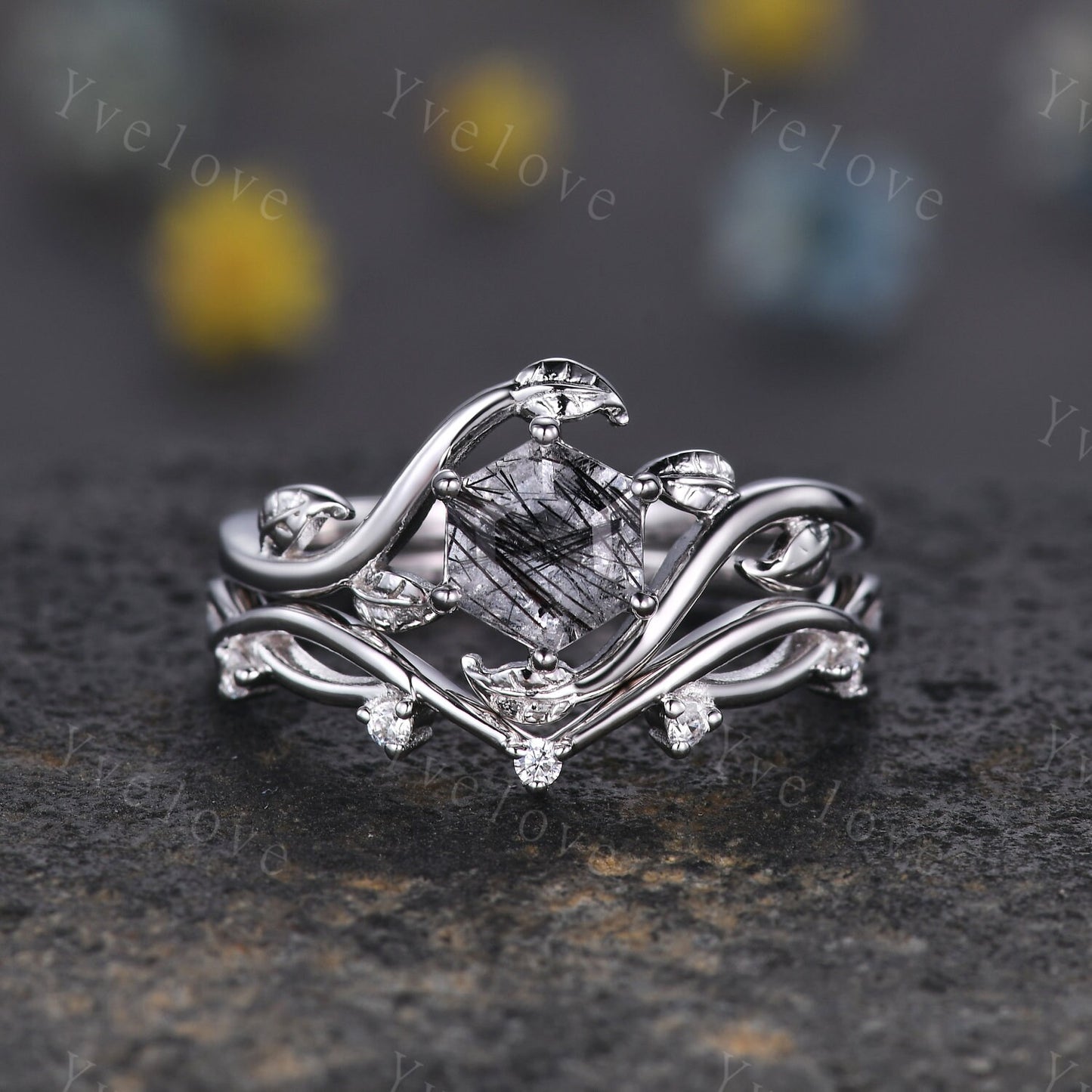 Retro hexagon Black Rutilate Quartz Ring,Vintage Silver Ring Set,Unique Rutilated Quartz  Engagement Ring,Promise Ring,Bridal Ring Set Gift