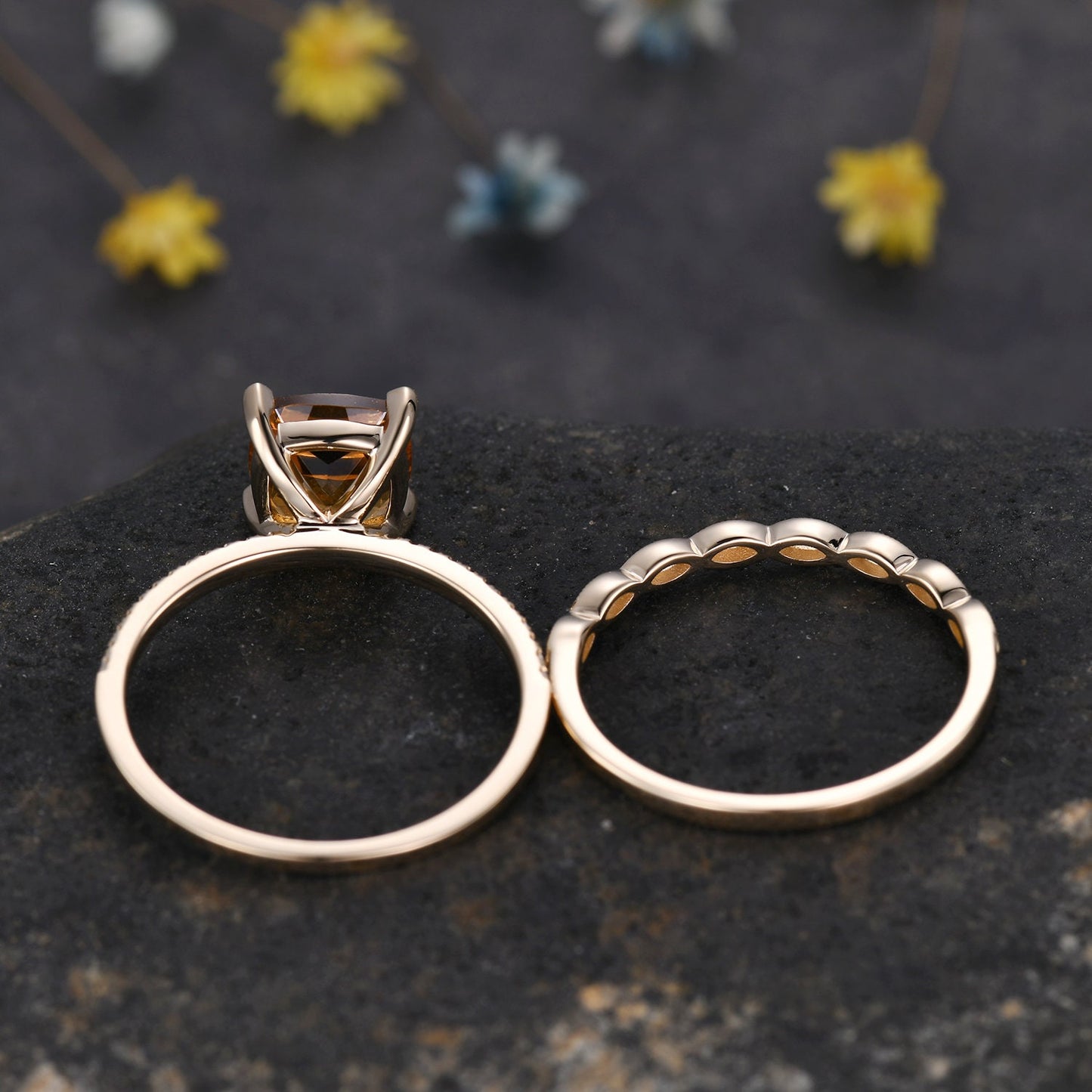 Citrine ring set citrine jewelry 14k yellow gold engagement ring natural gemstone diamond band stacking ring anniversary ring custom jewelry