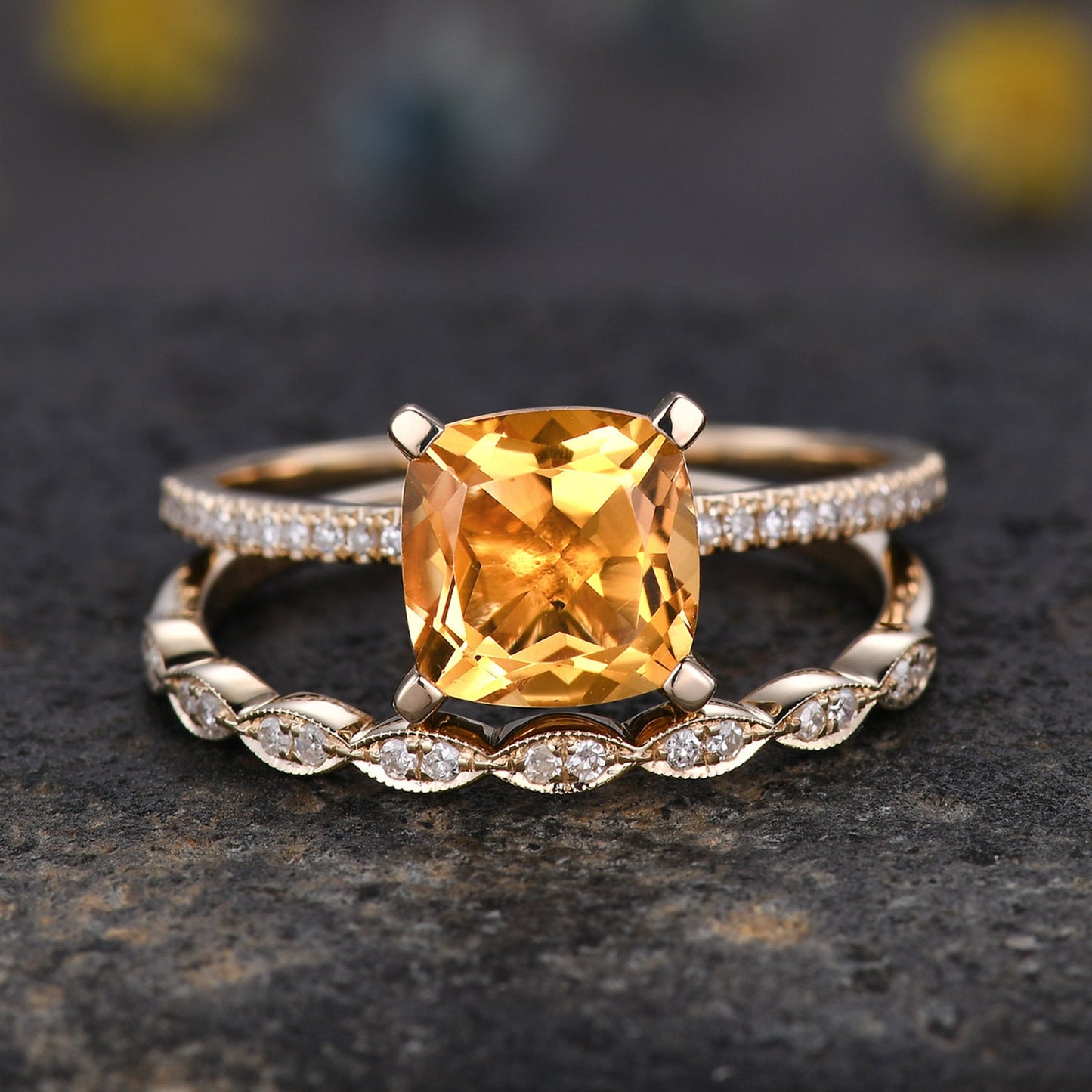 Citrine ring set citrine jewelry 14k yellow gold engagement ring natural gemstone diamond band stacking ring anniversary ring custom jewelry