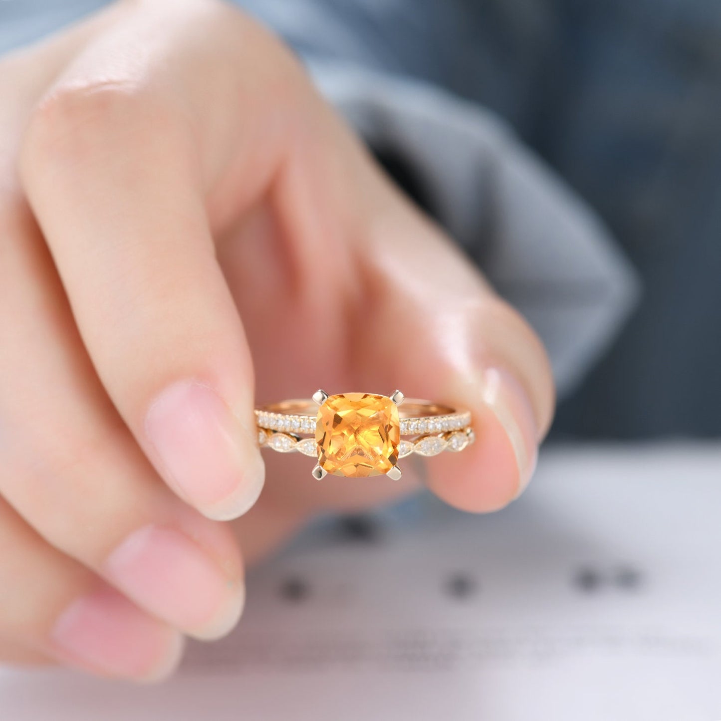Citrine ring set citrine jewelry 14k yellow gold engagement ring natural gemstone diamond band stacking ring anniversary ring custom jewelry