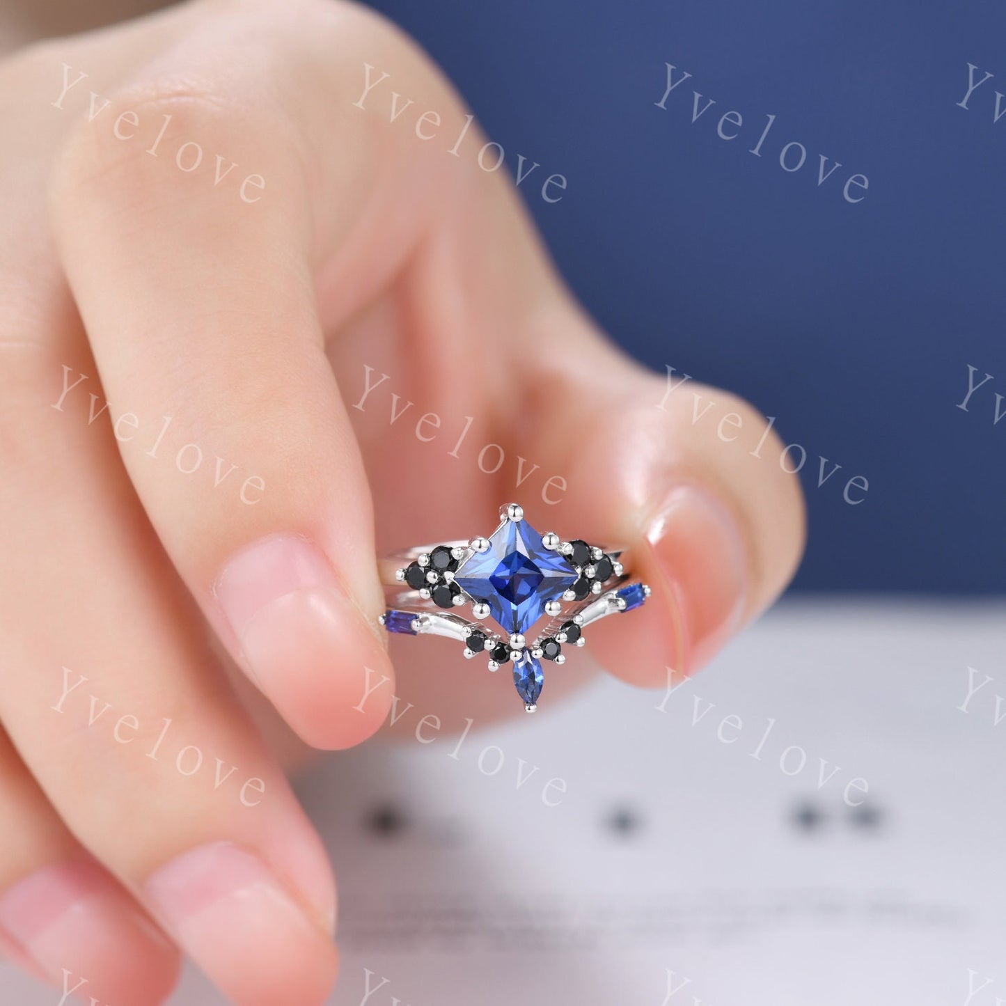 2PCS Vintage Unique Princess Cut Blue Sapphire Engagement Ring Set,Black Spinel Ring,14k white gold,Women Promise Anniversary Ring Set Gift