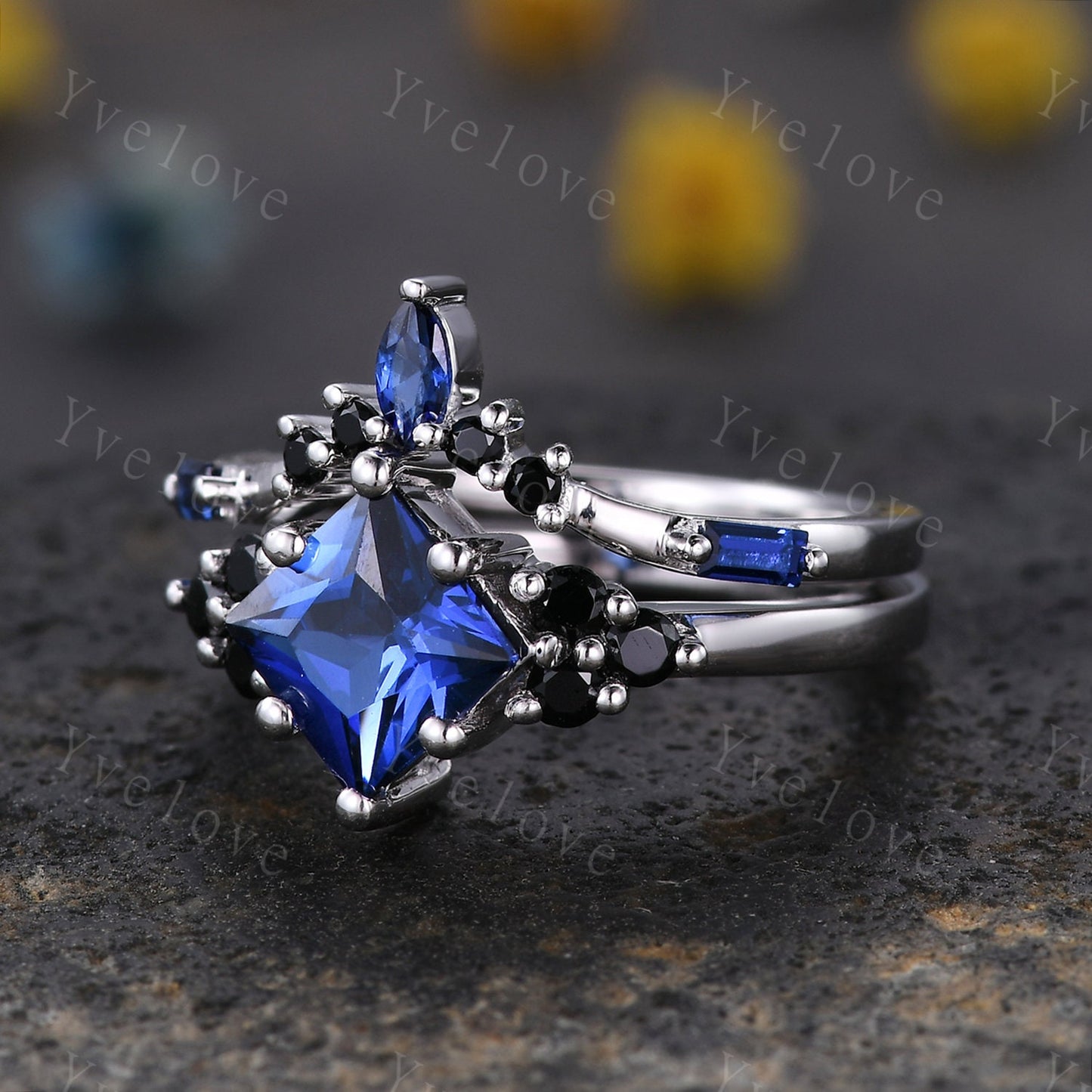 2PCS Vintage Unique Princess Cut Blue Sapphire Engagement Ring Set,Black Spinel Ring,14k white gold,Women Promise Anniversary Ring Set Gift