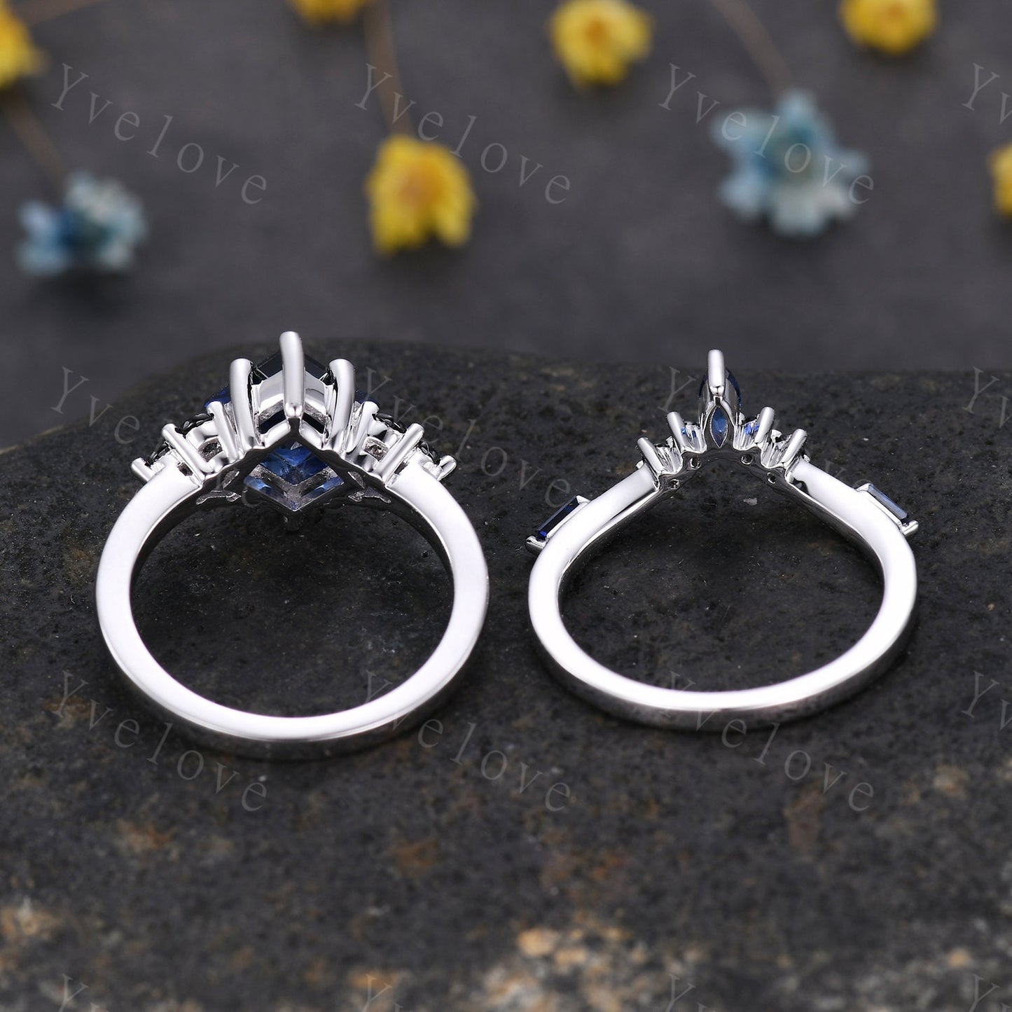 2PCS Vintage Unique Princess Cut Blue Sapphire Engagement Ring Set,Black Spinel Ring,14k white gold,Women Promise Anniversary Ring Set Gift