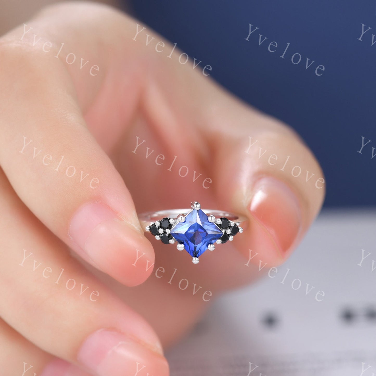 2PCS Vintage Unique Princess Cut Blue Sapphire Engagement Ring Set,Black Spinel Ring,14k white gold,Women Promise Anniversary Ring Set Gift