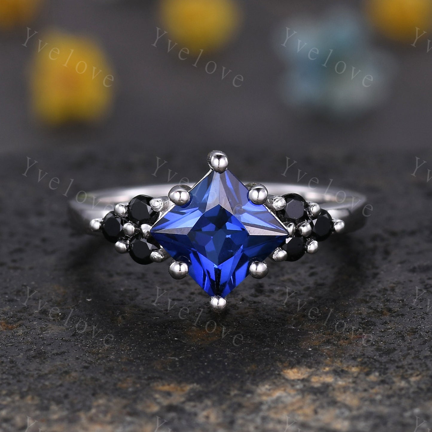 2PCS Vintage Unique Princess Cut Blue Sapphire Engagement Ring Set,Black Spinel Ring,14k white gold,Women Promise Anniversary Ring Set Gift