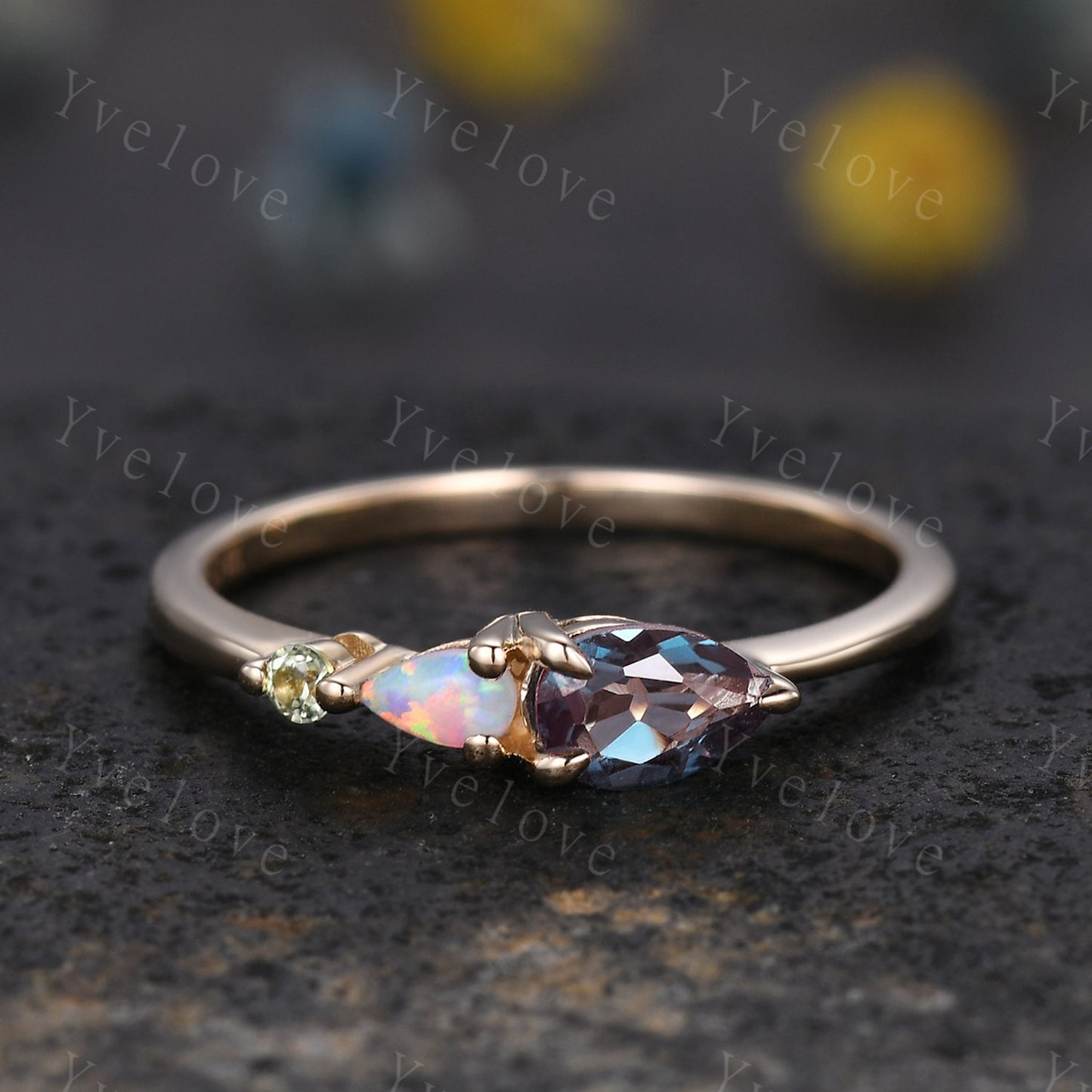Vintage Alexandrite Opal Engagement Ring,Pear Cut Gems,Art Deco Peridot Wedding Band,3 Stone Unique Women Bridal Promise Ring,14k Gold Ring