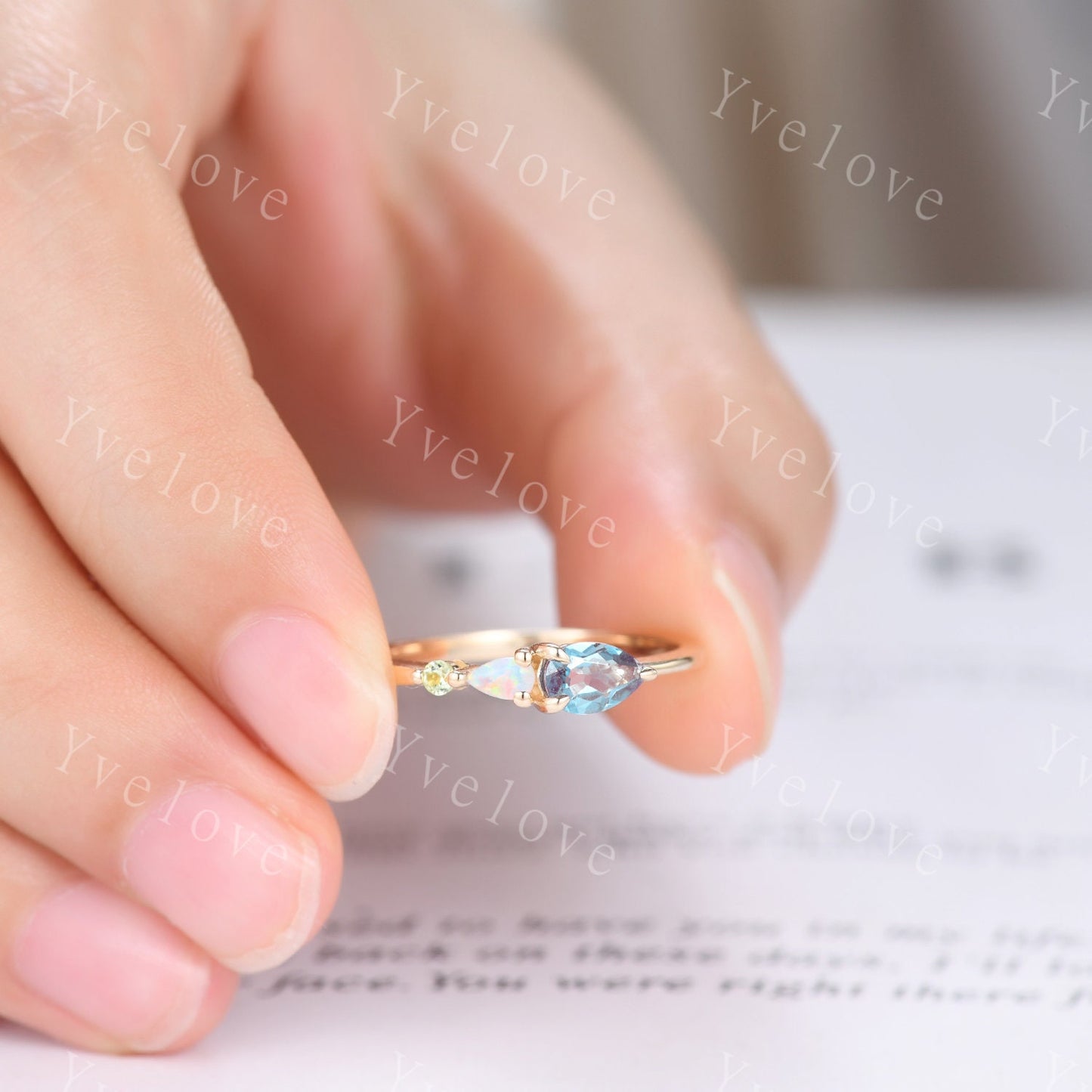 Vintage Alexandrite Opal Engagement Ring,Pear Cut Gems,Art Deco Peridot Wedding Band,3 Stone Unique Women Bridal Promise Ring,14k Gold Ring