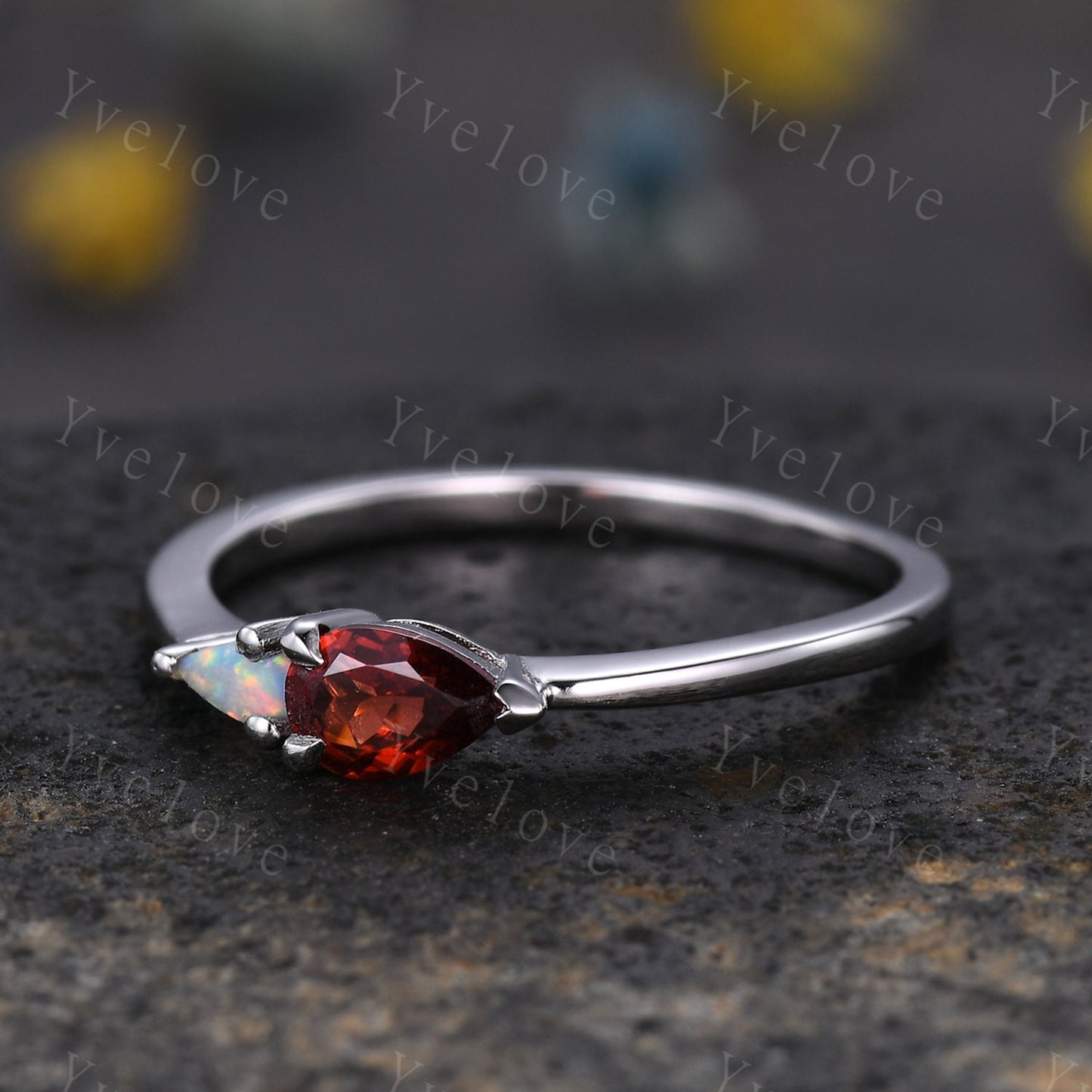 Vintage Red Garnet Opal Engagement Ring,Pear Cut Gems,Art Deco Garnet Opal Wedding Band,Unique Women Bridal Promise Ring,Customized Gift