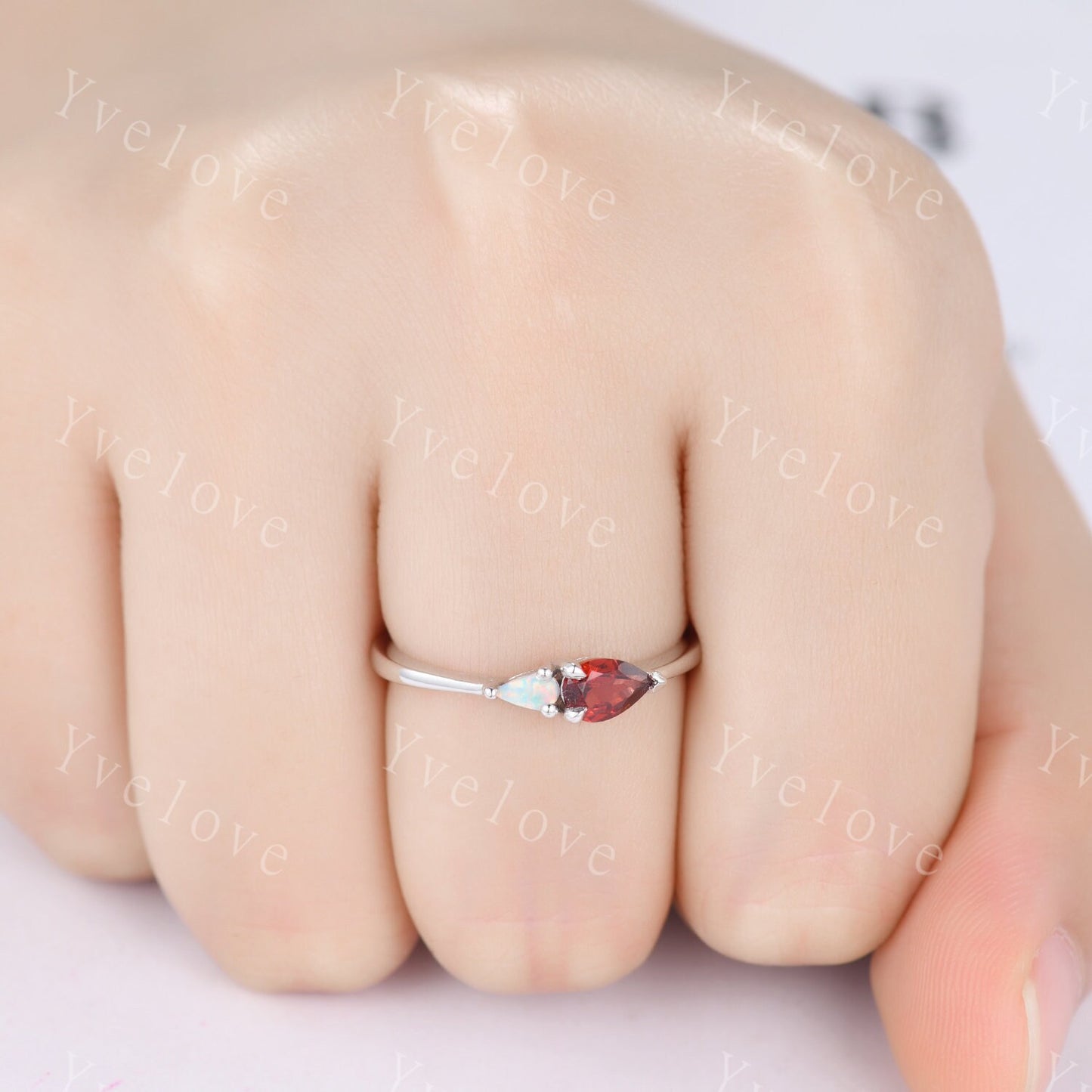 Vintage Red Garnet Opal Engagement Ring,Pear Cut Gems,Art Deco Garnet Opal Wedding Band,Unique Women Bridal Promise Ring,Customized Gift