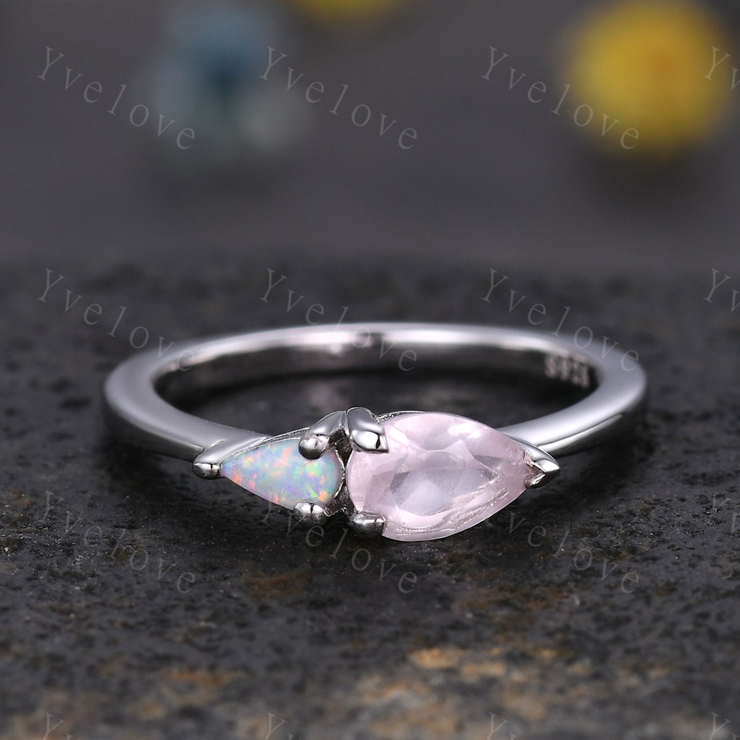 Vintage Rose  Quartz Opal Engagement Ring,Pear Cut Gems,Art Deco White Opal Wedding Band,Unique Women Bridal Promise Ring,Customized Gift